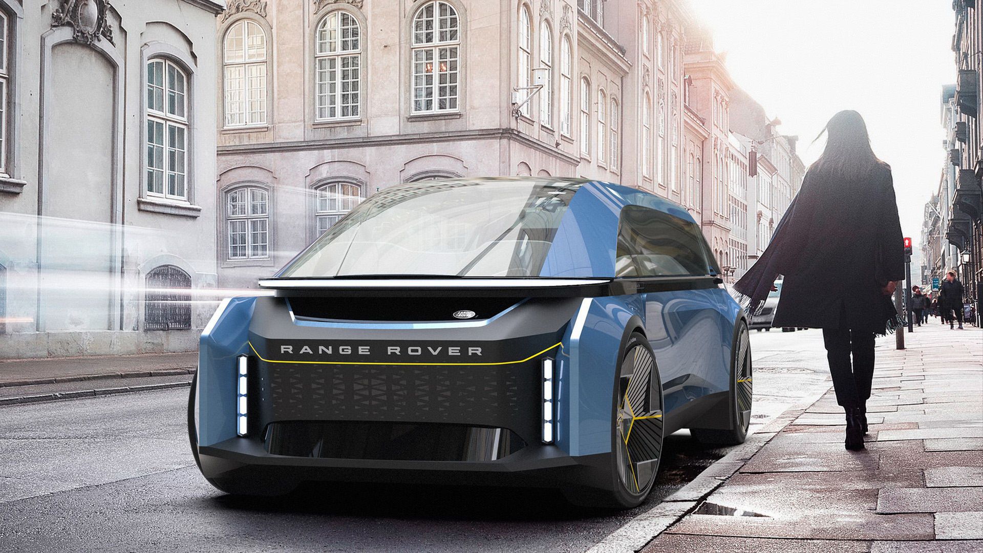 نمای سه چهارم طرح مفهومی لندرور رنجرور اوربان / Range Rover Urban خودران و الکتریکی در خیابان