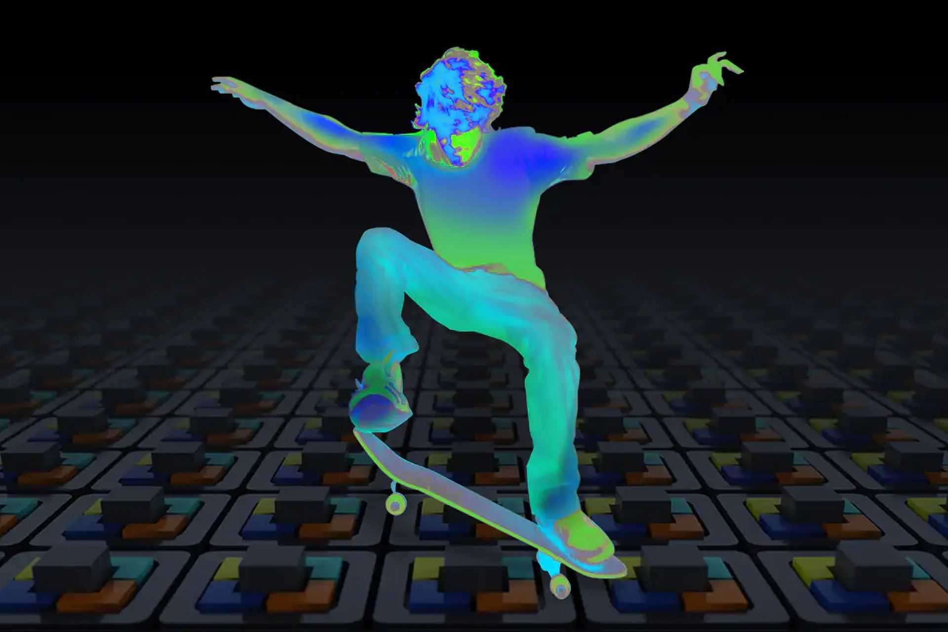 نقشه عمق صحنه توسط سنسور ToF سامسونگ Vizion 33D یک پسر درحال اسکیت سواری