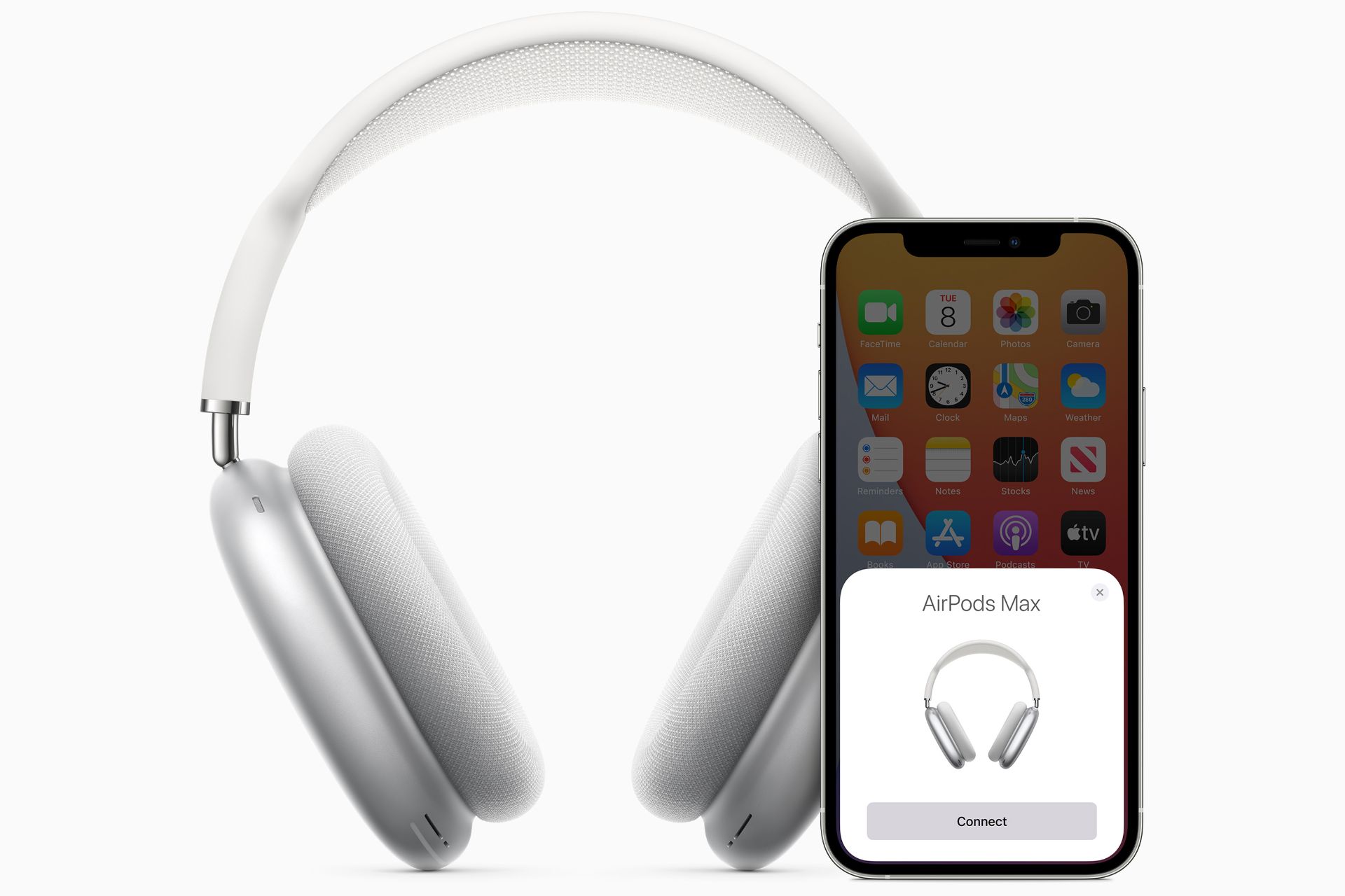ایرپادز مکس اپل / Apple AirPods Max از نمای جلو در کنار آیفون 12
