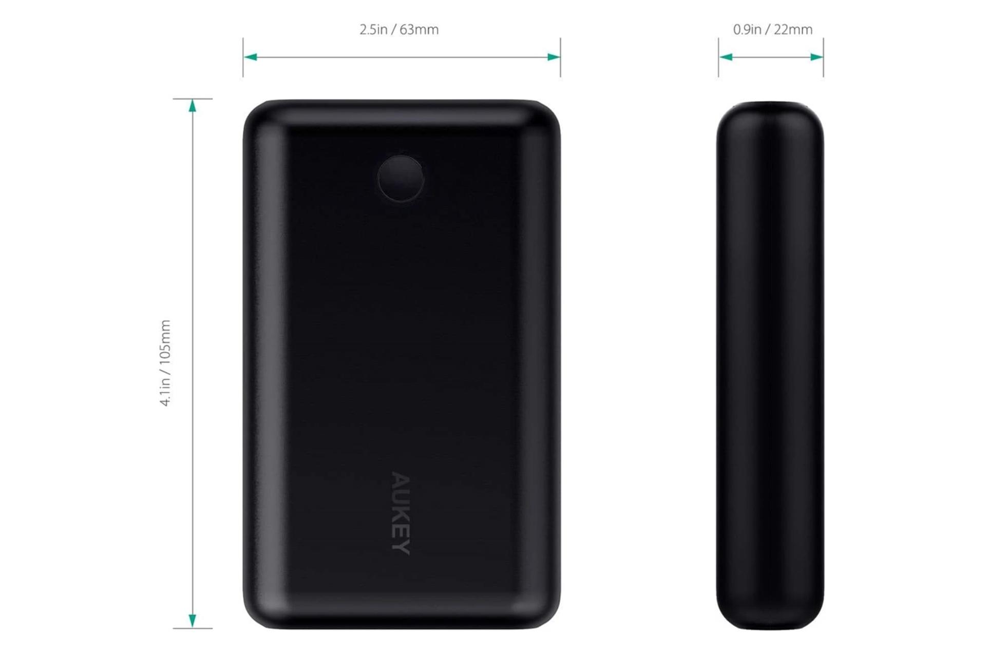 اندازه پاور بانک آکی PB-BY10 با ظرفیت 10050 میلی‌آمپر ساعت Aukey PB-BY10 10050mAh