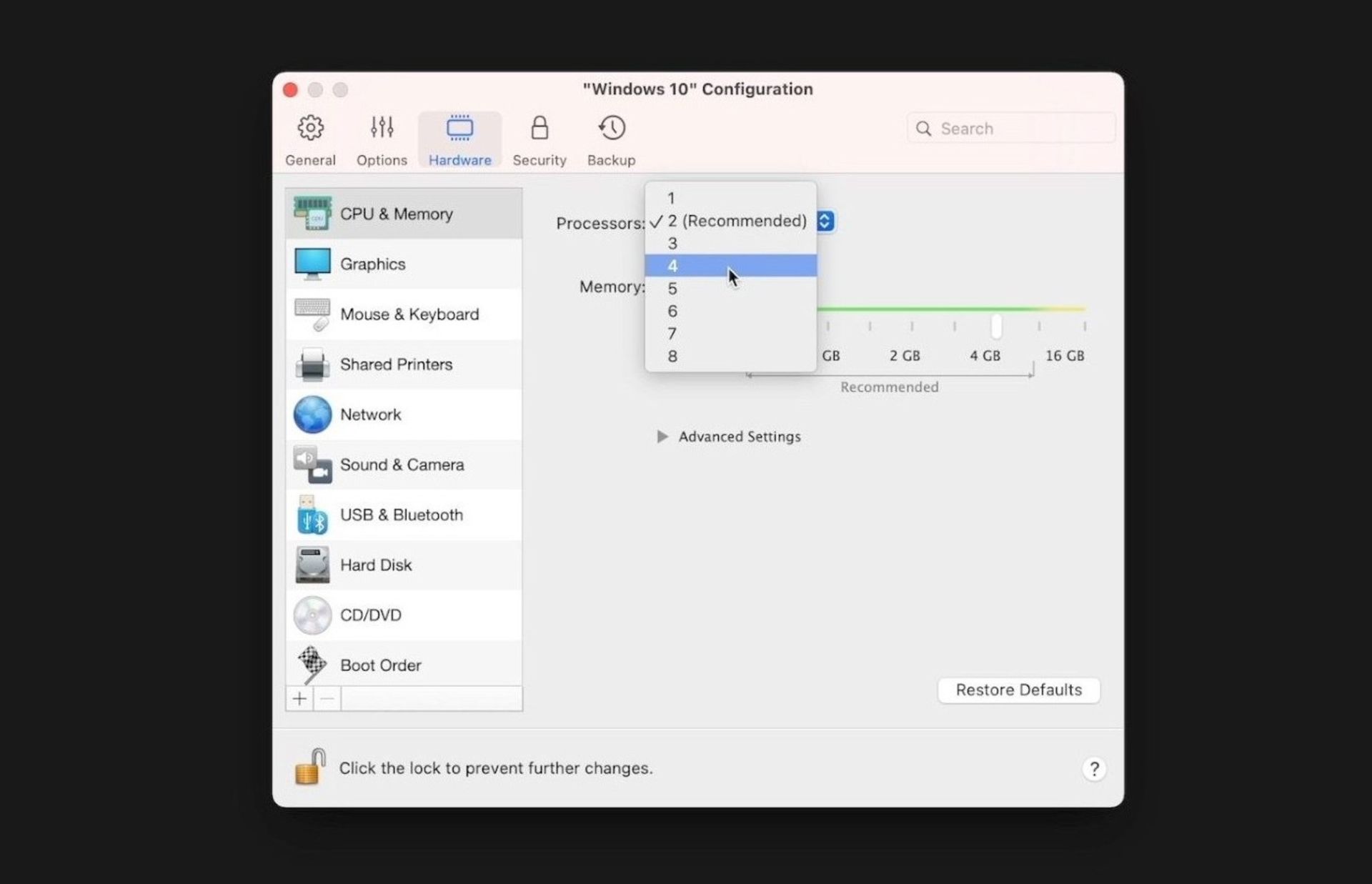 تغییر استفاده از هسته‌ها در نرم‌افزار Paralles مک M1