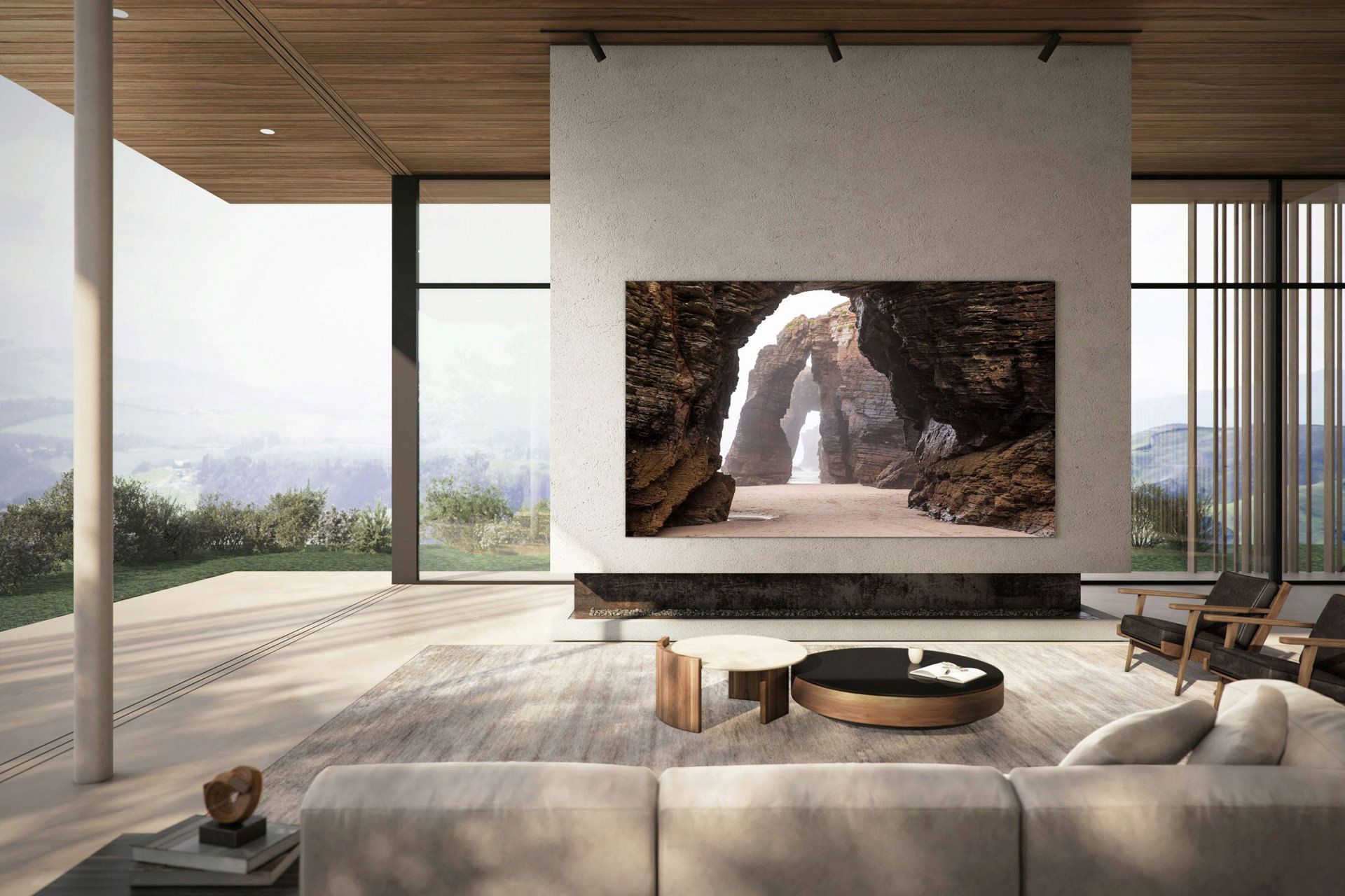 تلویزیون 110 میکرو LED سامسونگ روی دیوار داخل خانه مبلمان