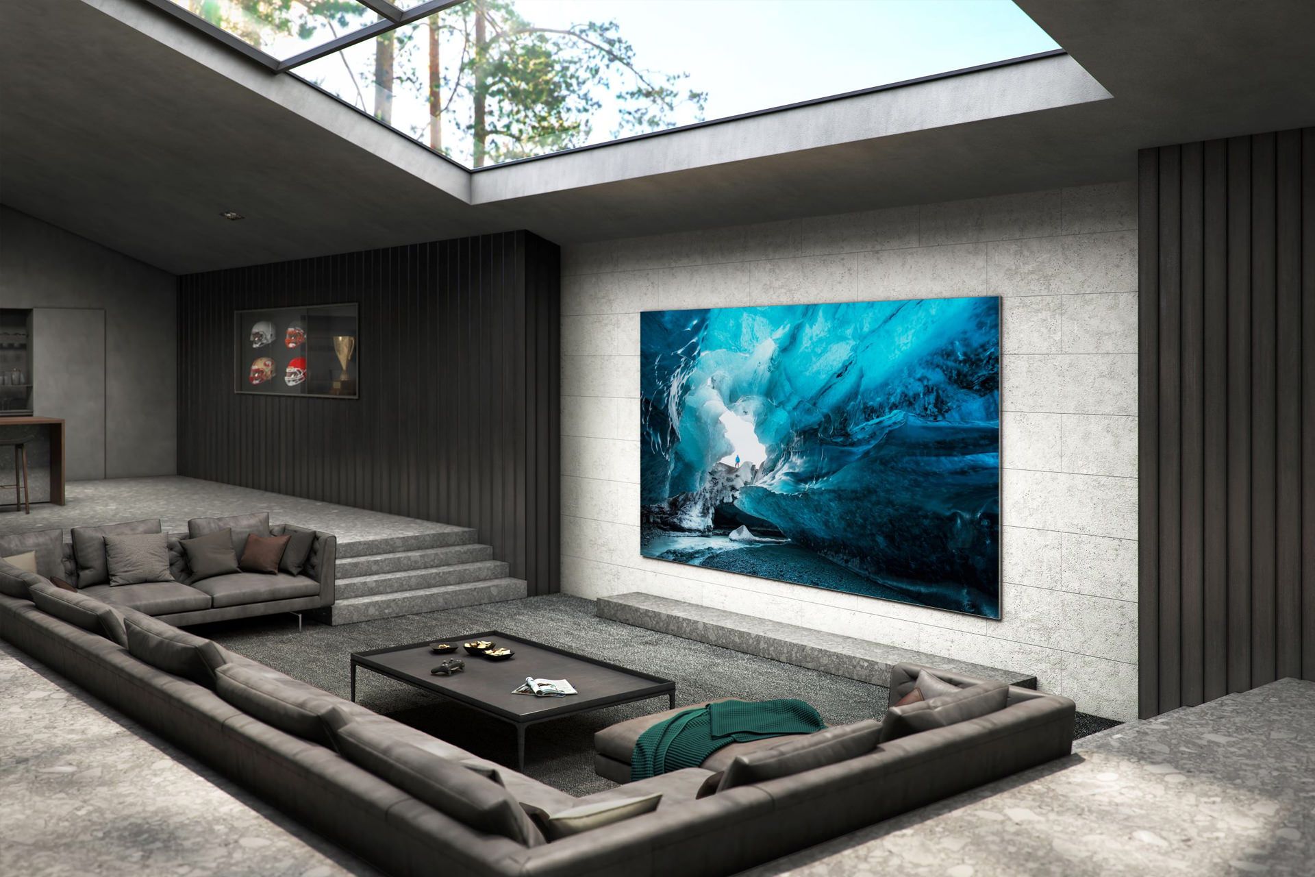 تلویزیون 110 میکرو LED سامسونگ از سه رخ روی دیوار داخل خانه