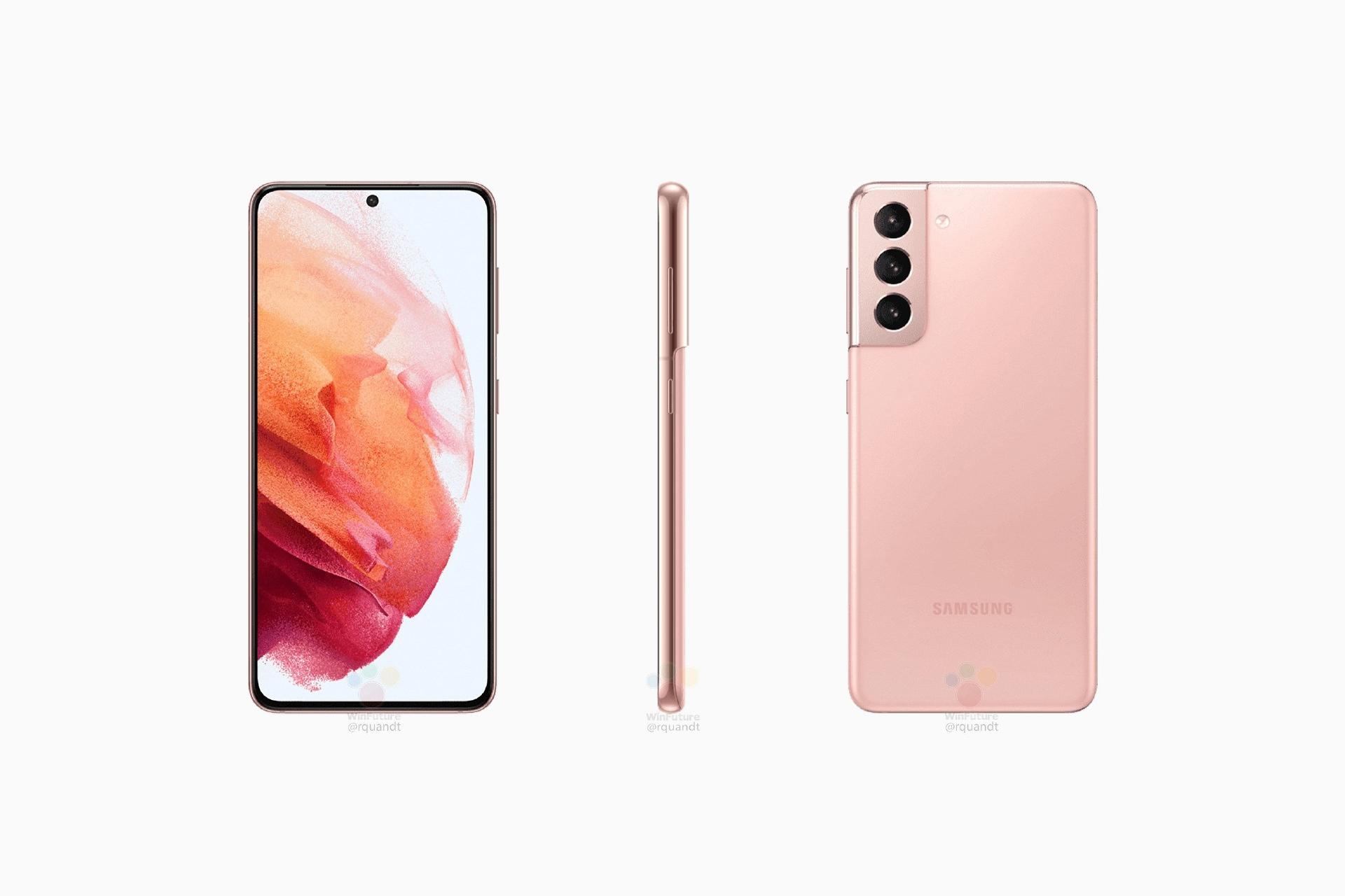 پشت و نمایشگر و نیم رخ گلکسی اس ۲۱ / Galaxy S21 پلاس سامسونگ رنگ صورتی در رندر فاش شده