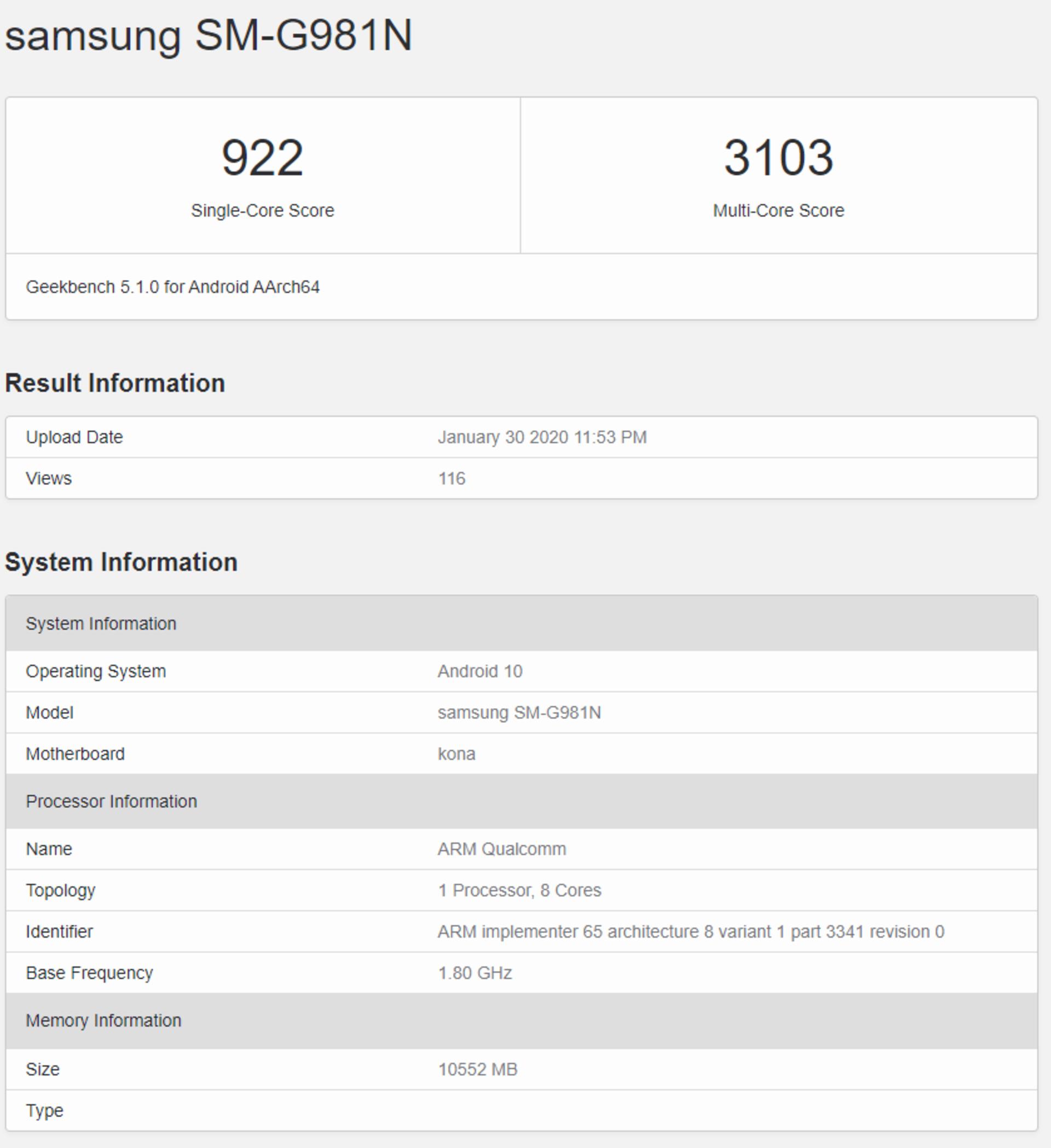 Galaxy S20 Geekbench