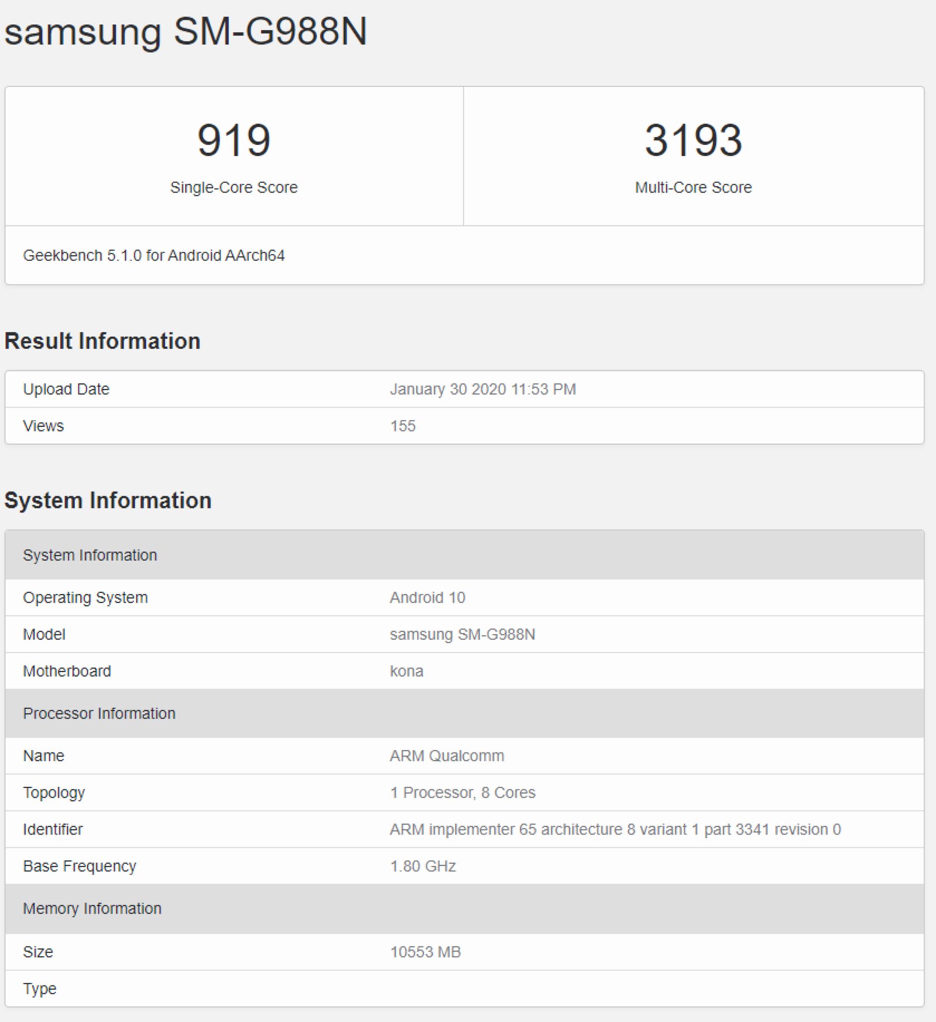 Galaxy S20 Geekbench