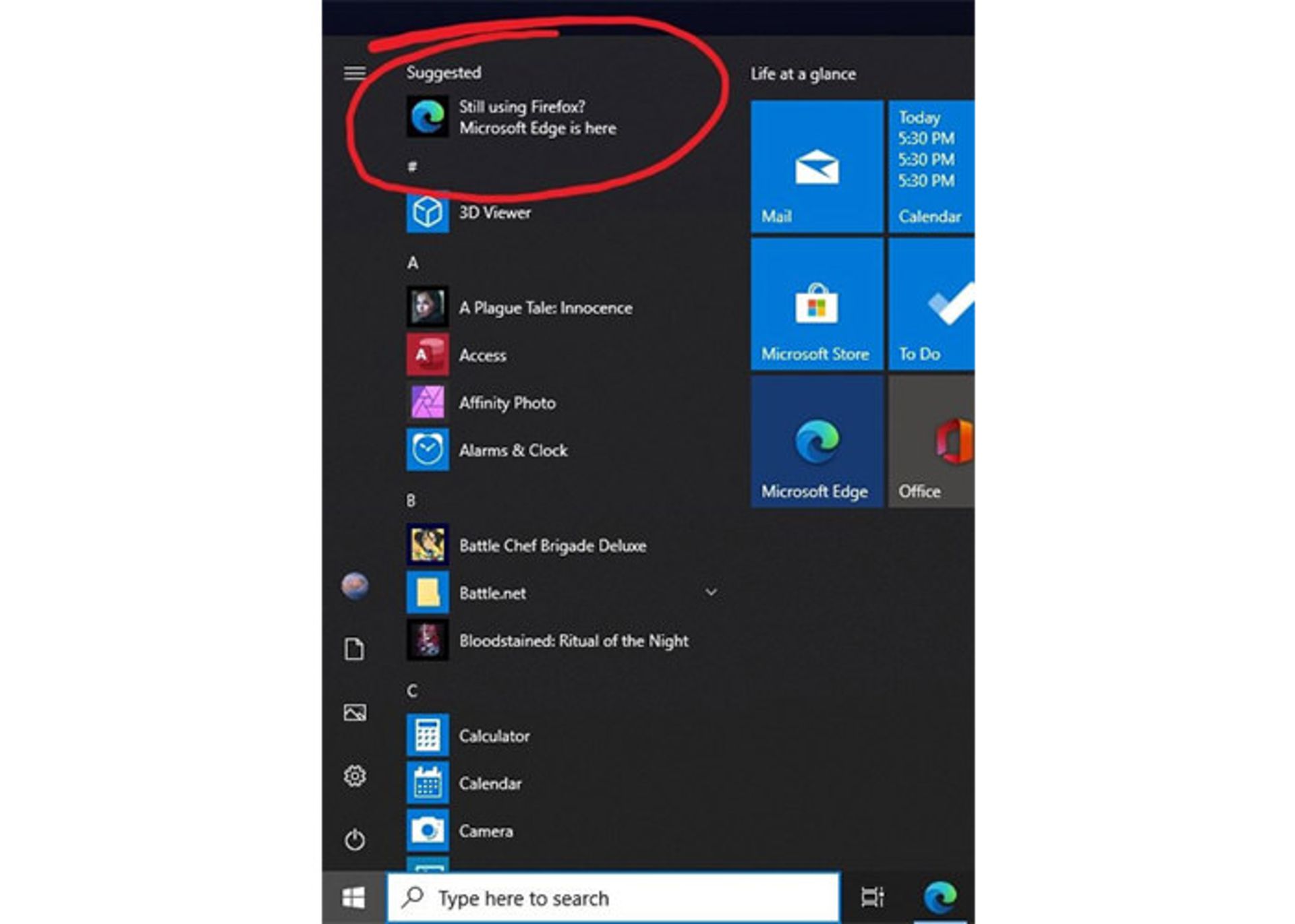 تبلیغ مرورگر اج در منوی استارت