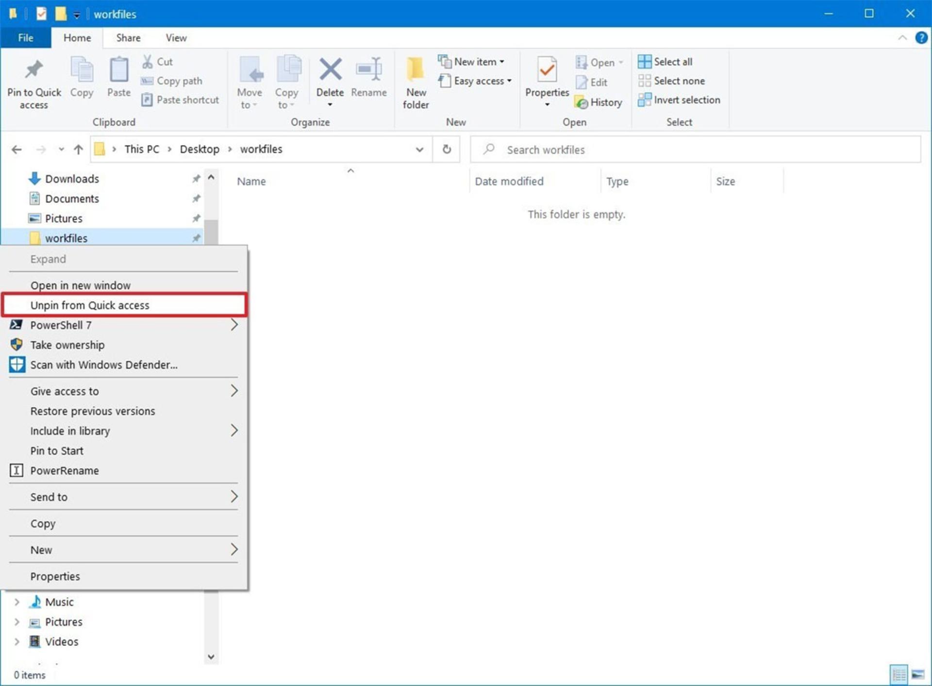 Unpin from Quick access