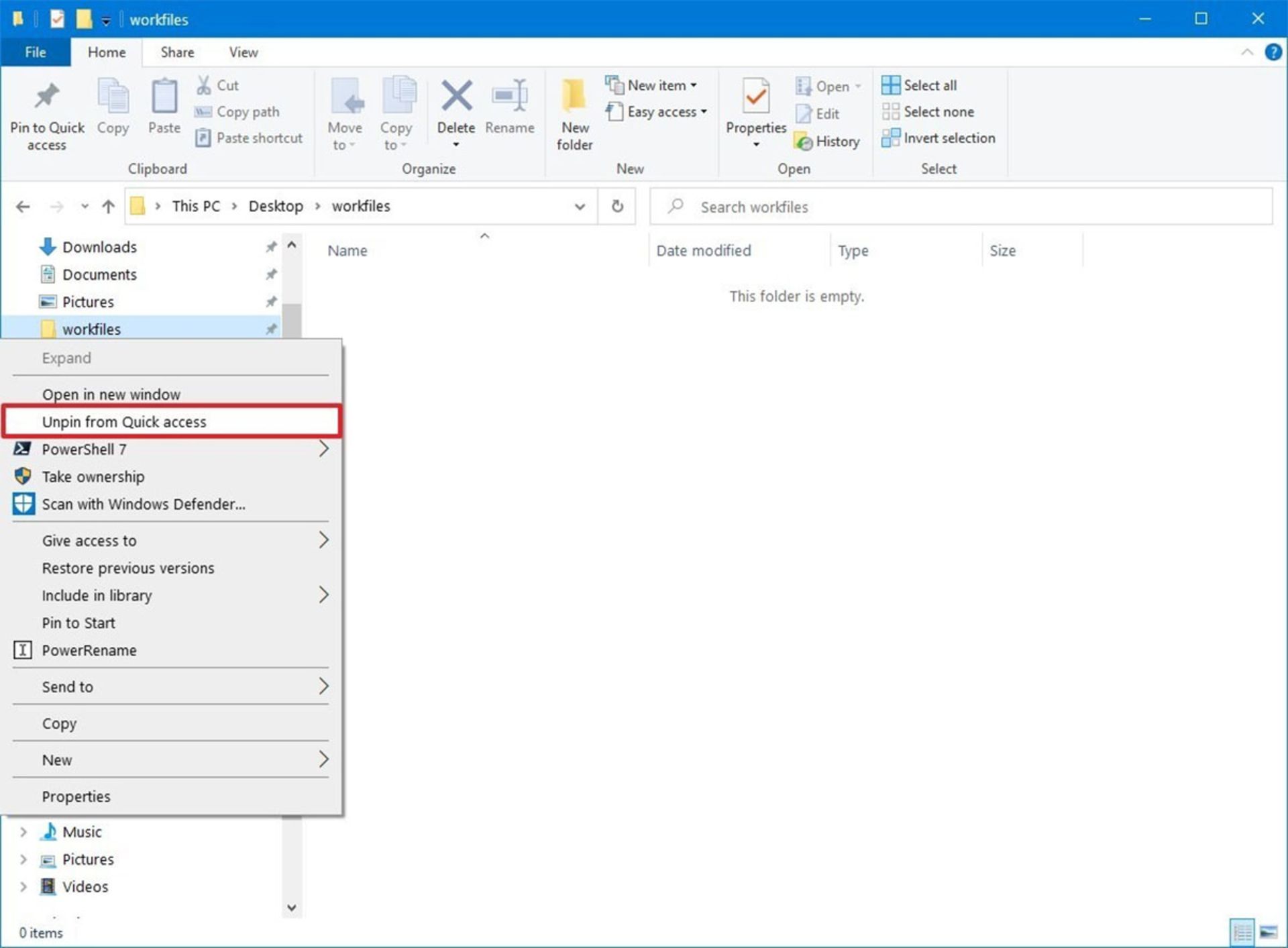 Unpin from Quick access