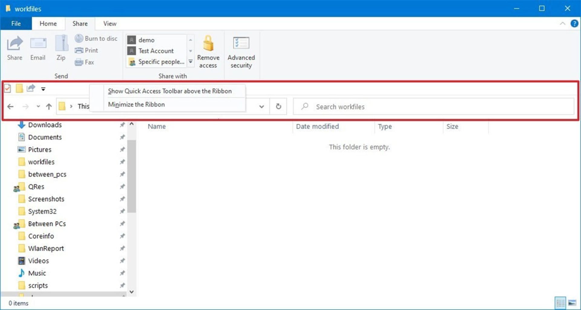 Show Quick Access toolbar below the Ribbon فایل اکسپلورر