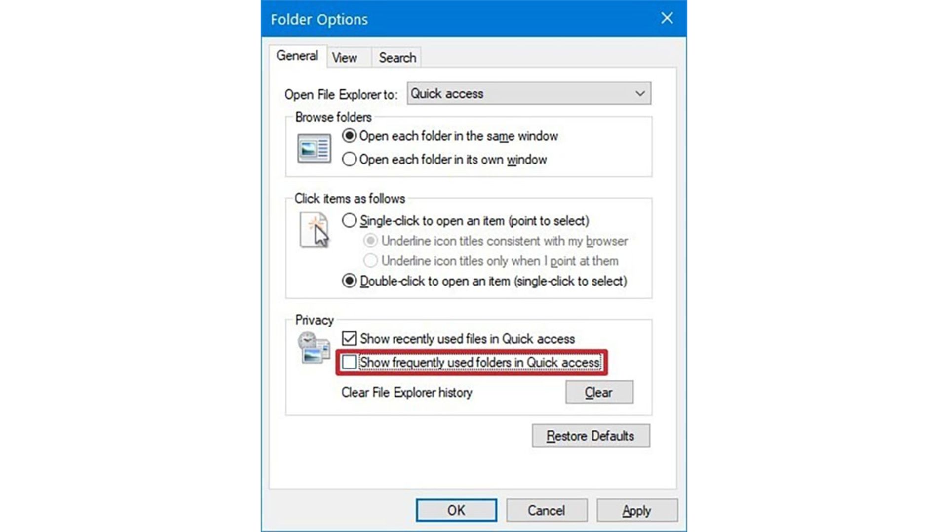 Show frequently used folders in Quick access