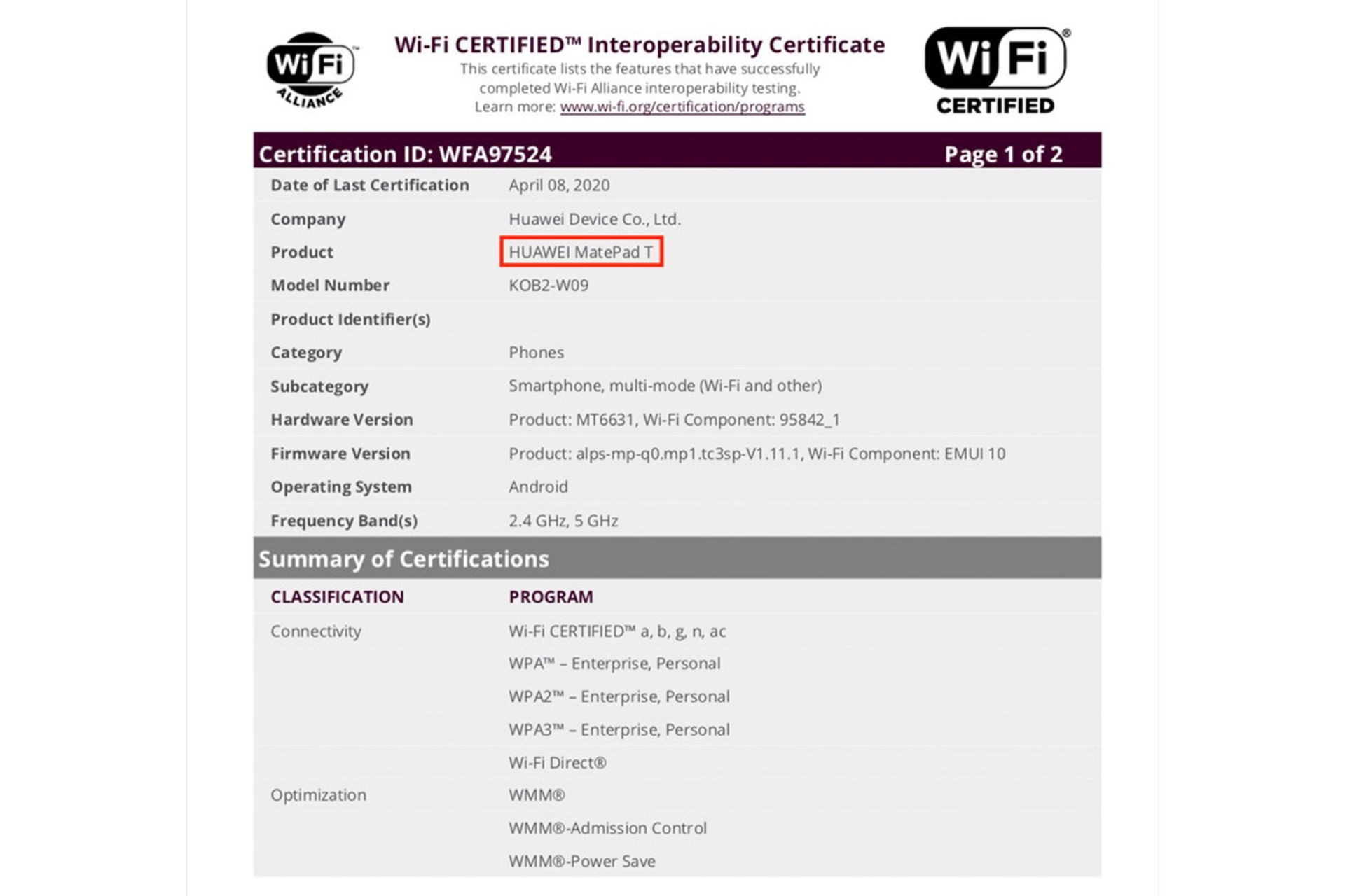 گواهینامه اتحادیه وای فای برای تبلت میت پد تی /  MatePad T 