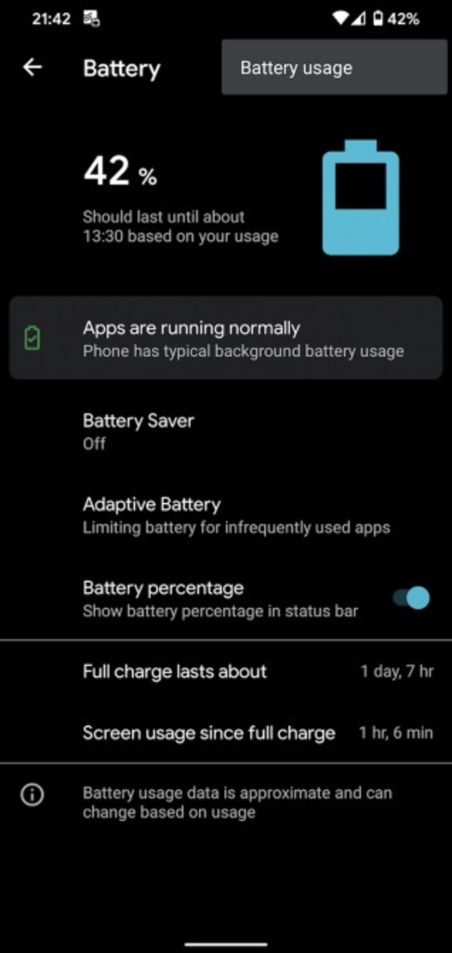 منوی تنظیمات باتری اندروید