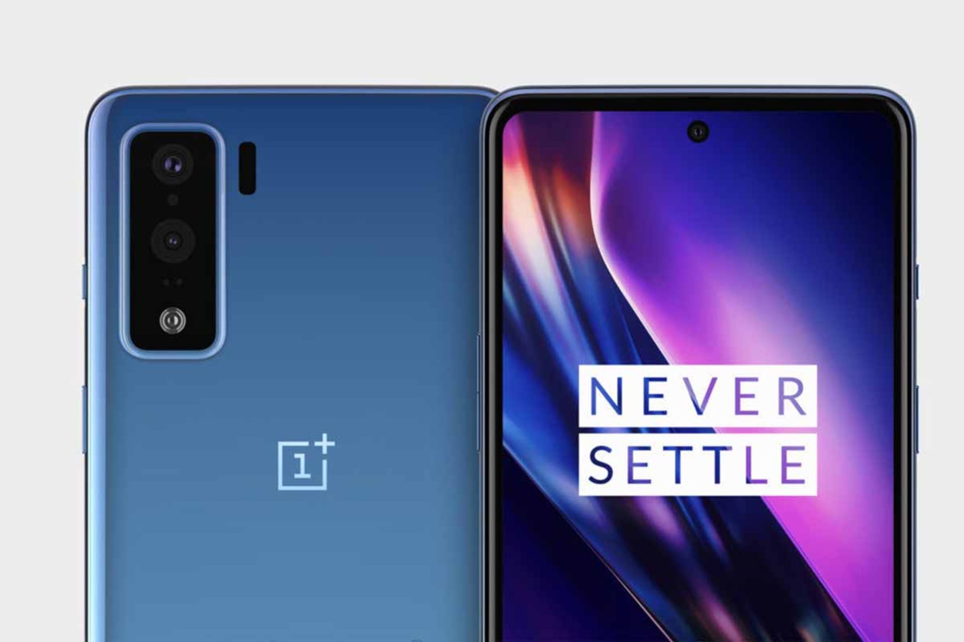 رندر وان پلاس نورد از جلو و عقب دوربین سلفی دوربین اصلی بدنه آبی