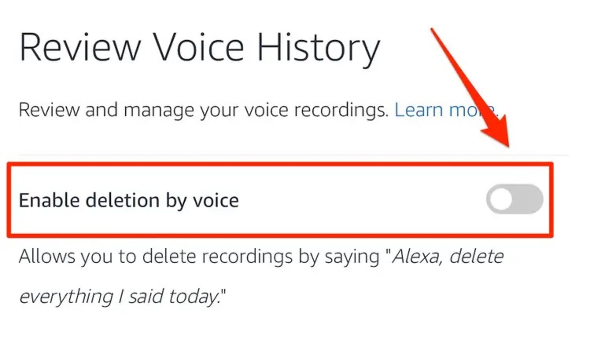 اسکرین شات از الکسا برای پاک کردن اطلاعات صوتی