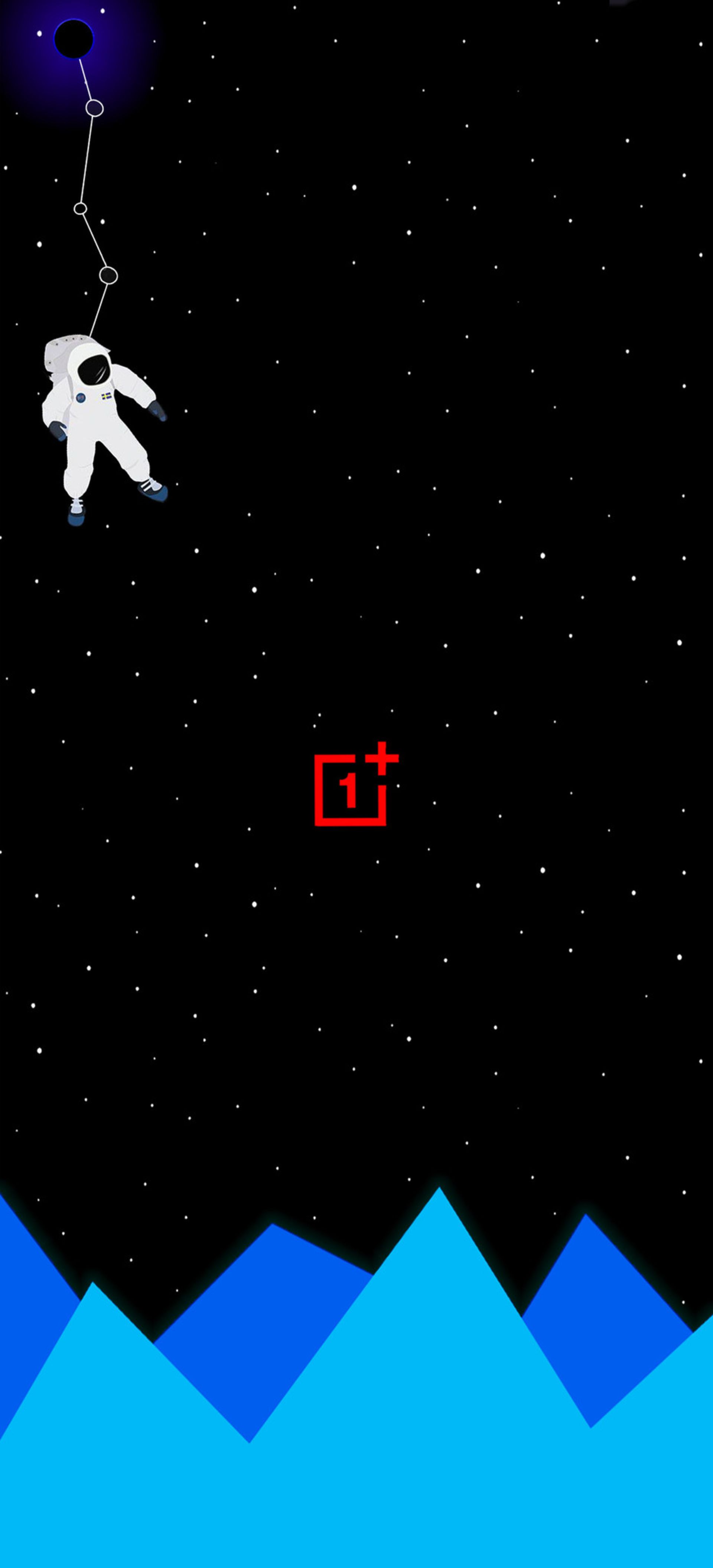 دانلود والپیپر وان پلاس آسمان پرستاره فضانورد لوگو قرمز OnePlus