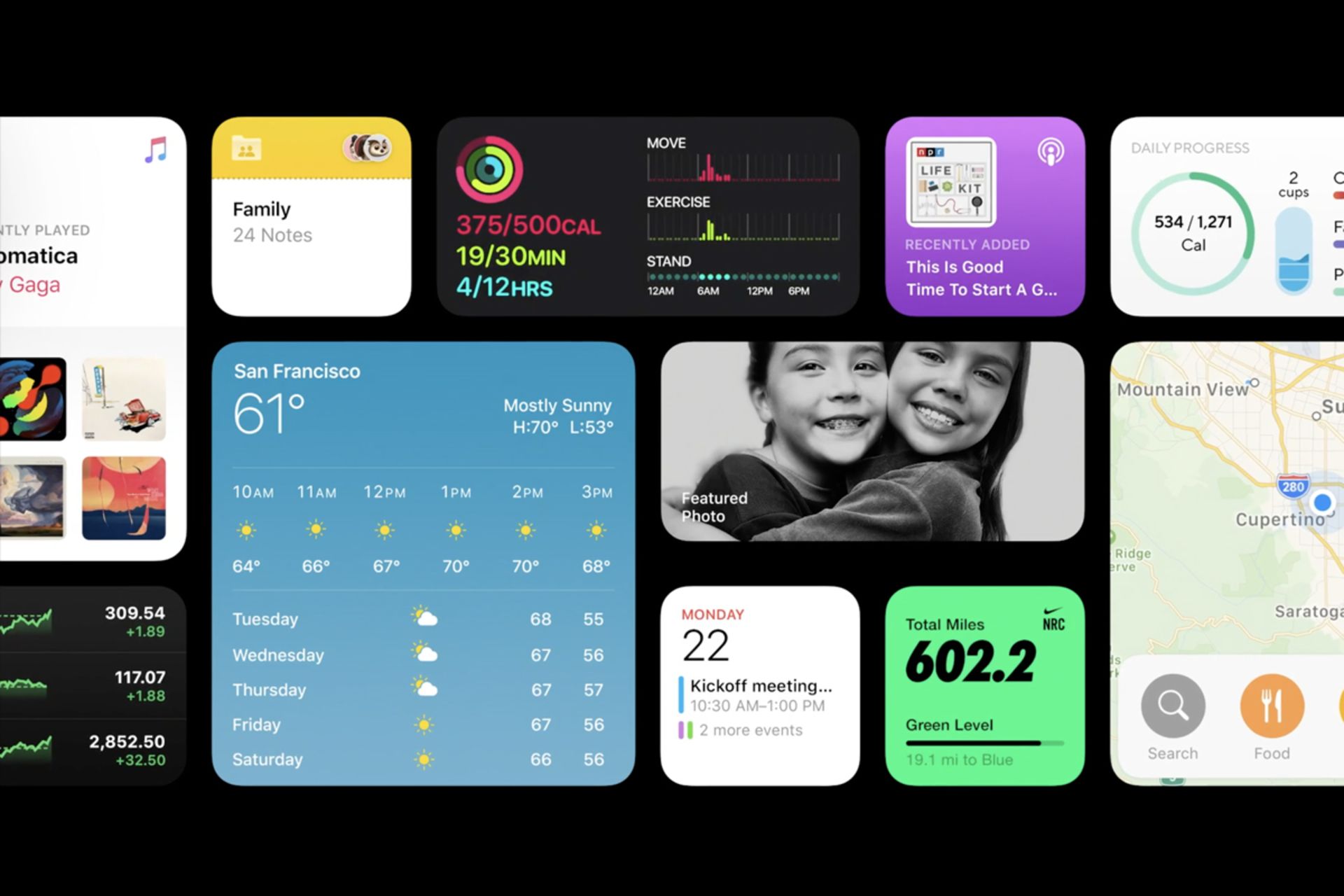 قابلیت های آی او اس iOS 14 در قالب کاشی با پس زمینه مشکی