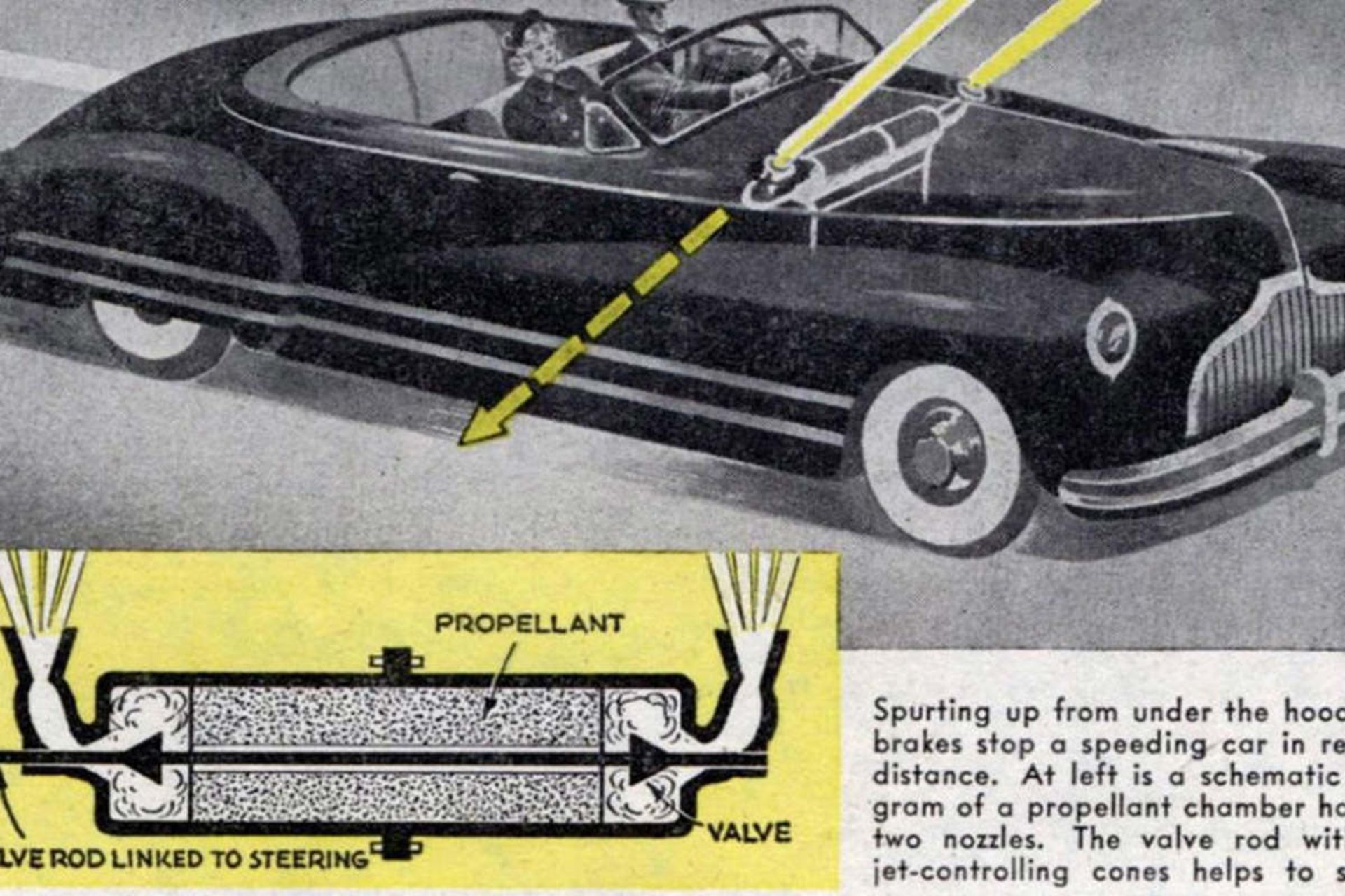 عکس سیاه و سفید خودرو مجهز به سیستم ترمز موشکی