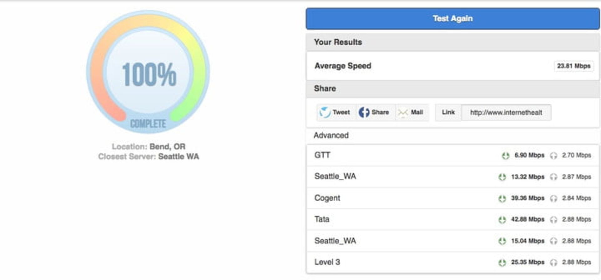 تصویری از منوی internet health test برای تست سرعت اینترنت