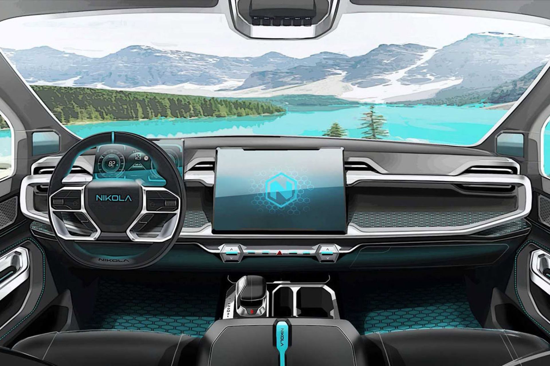 نمای داخل کابین و فرمان و داشبورد و سیستم سرگرمی وانت برقی پیل سوختی نیکولا بجر