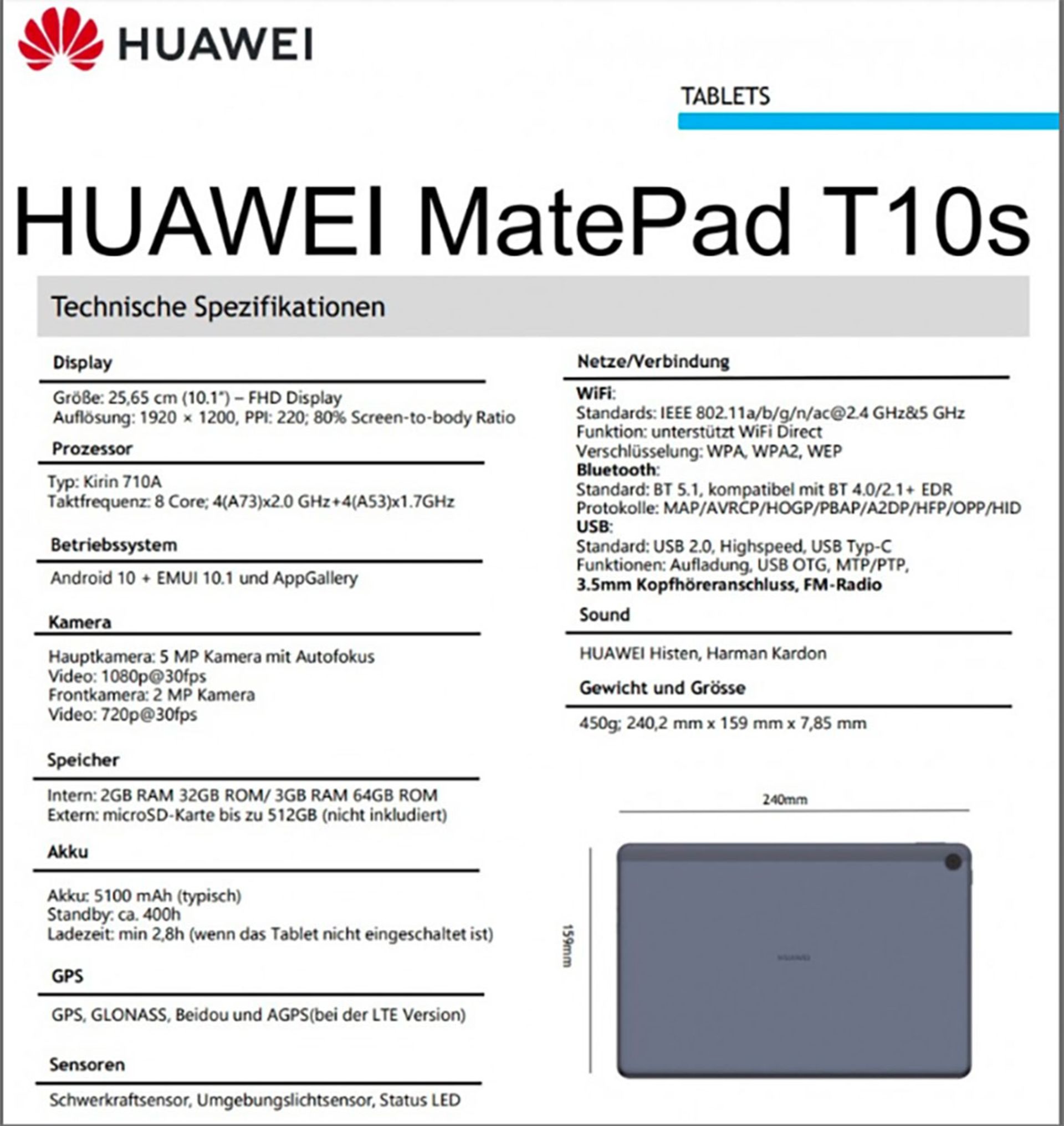 مشخصات فنی هواوی MatePad T10S