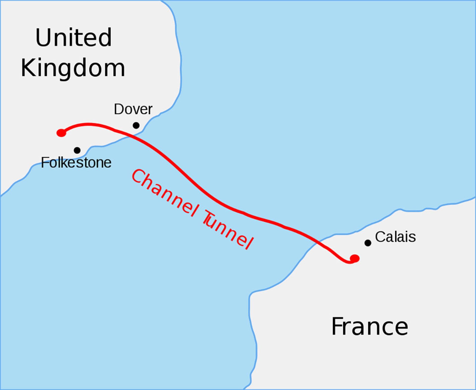 شماتیک نقشه محل قرارگیری تونل مانش / Chunnel Tunnel