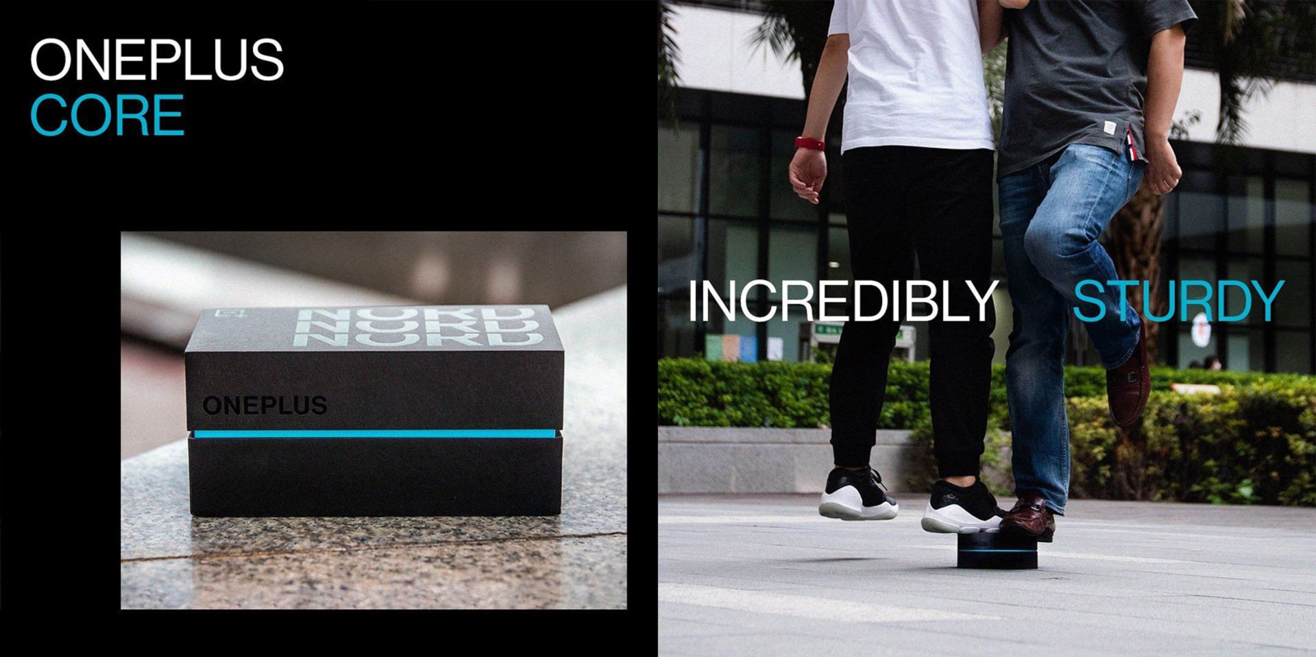 جعبه وان پلاس نورد / دو نفر با پا روی جعبه OnePlus Nord در فضای باز