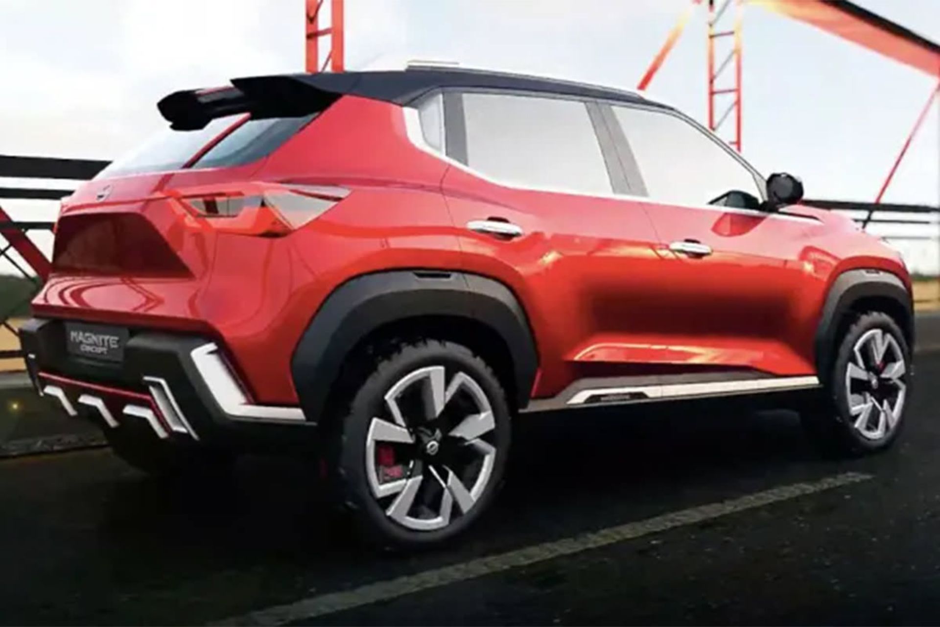 نمای عقب خودرو شاسی بلند / suv  مفهومی نیسان مگنایت / Nissan Magnite قرمز رنگ برای بازار هند