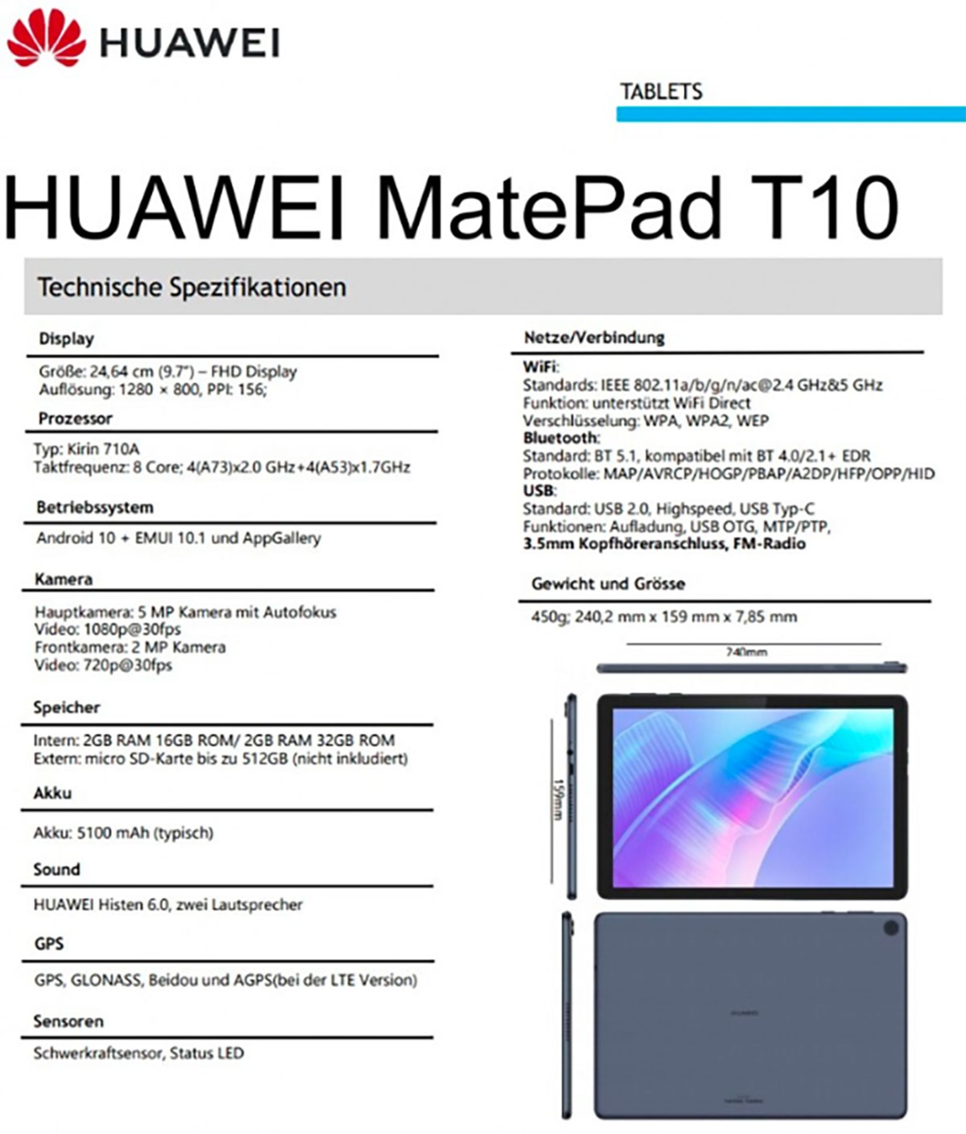 مشخصات فنی هواوی MatePad T10