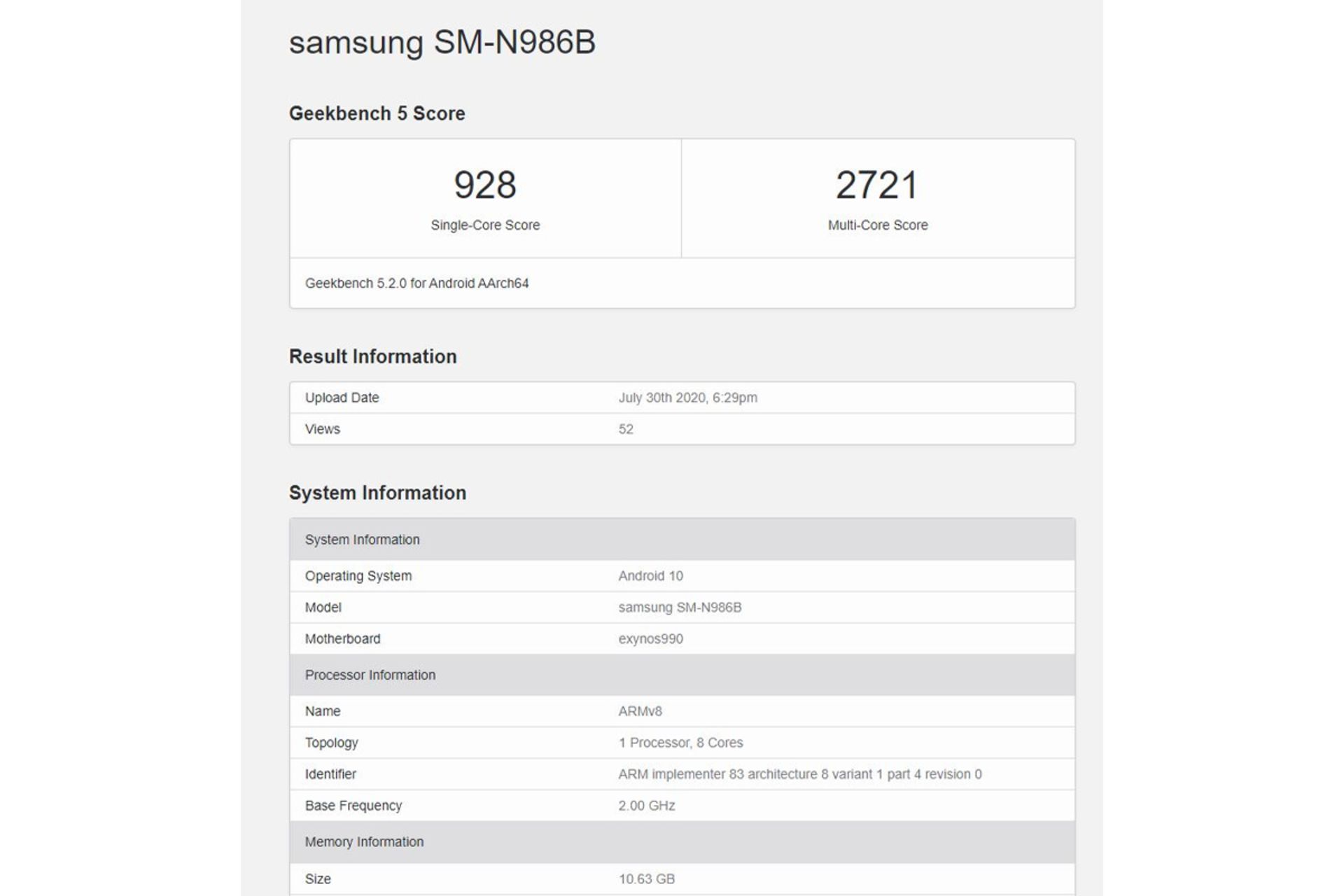 امتیاز گیک بنچ مدل اکسینوس 990 گلکسی نوت 20 اولترا سامسونگ / Galaxy Note20 Ultra