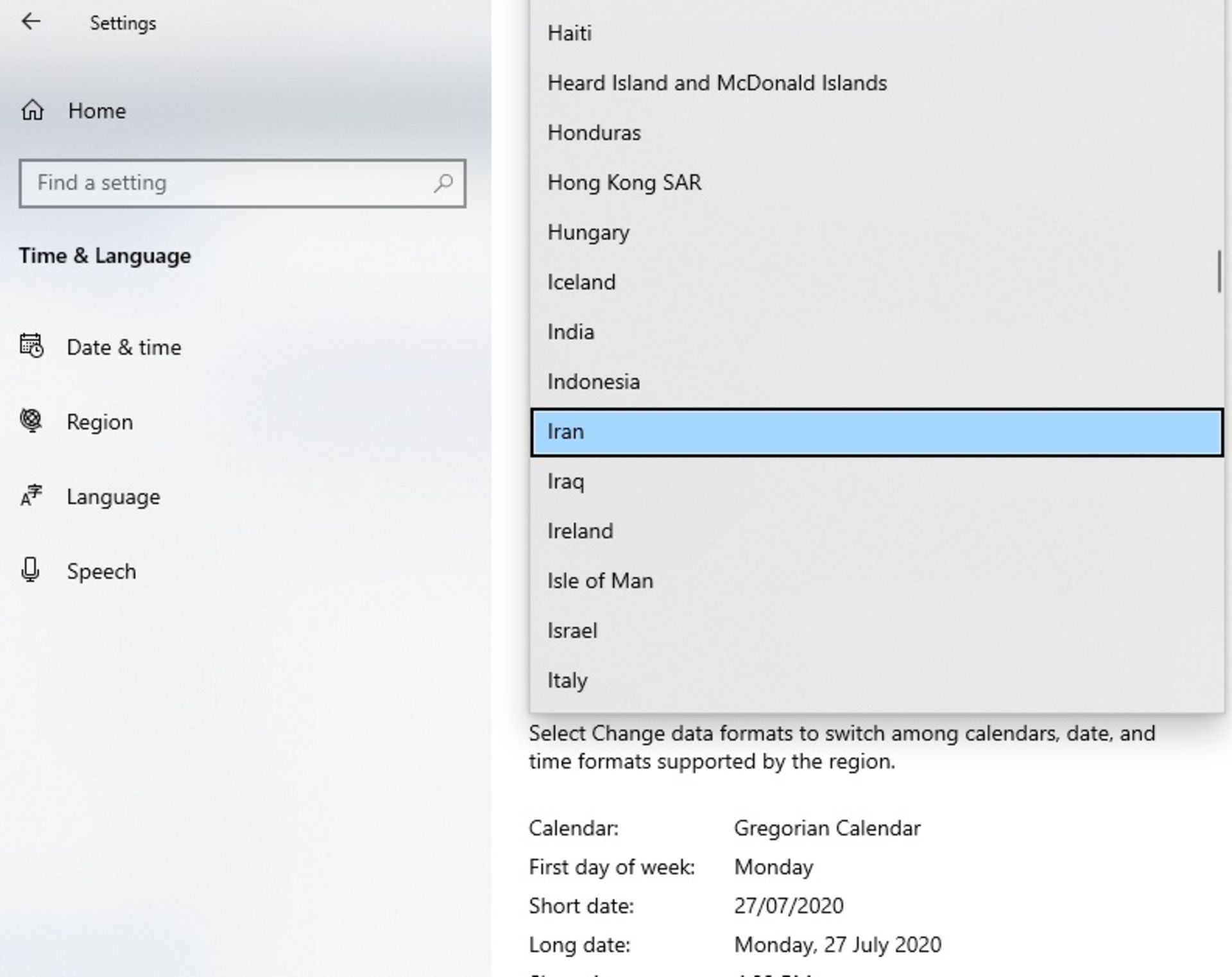 انتخاب نام کشور ایران و تعیین آن به عنوان موقعیت مکانی در ویندوز 10