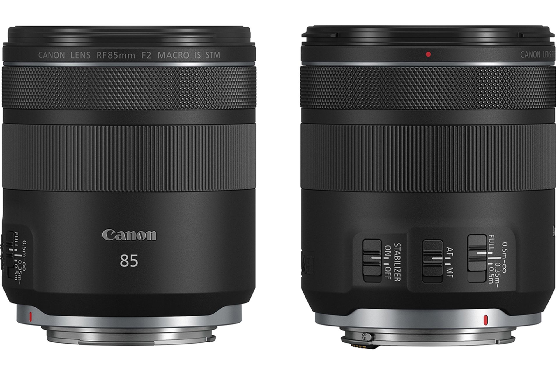 لنز Canon RF 85mm f/2 IS STM Macro از زاویه کناری ایستاده