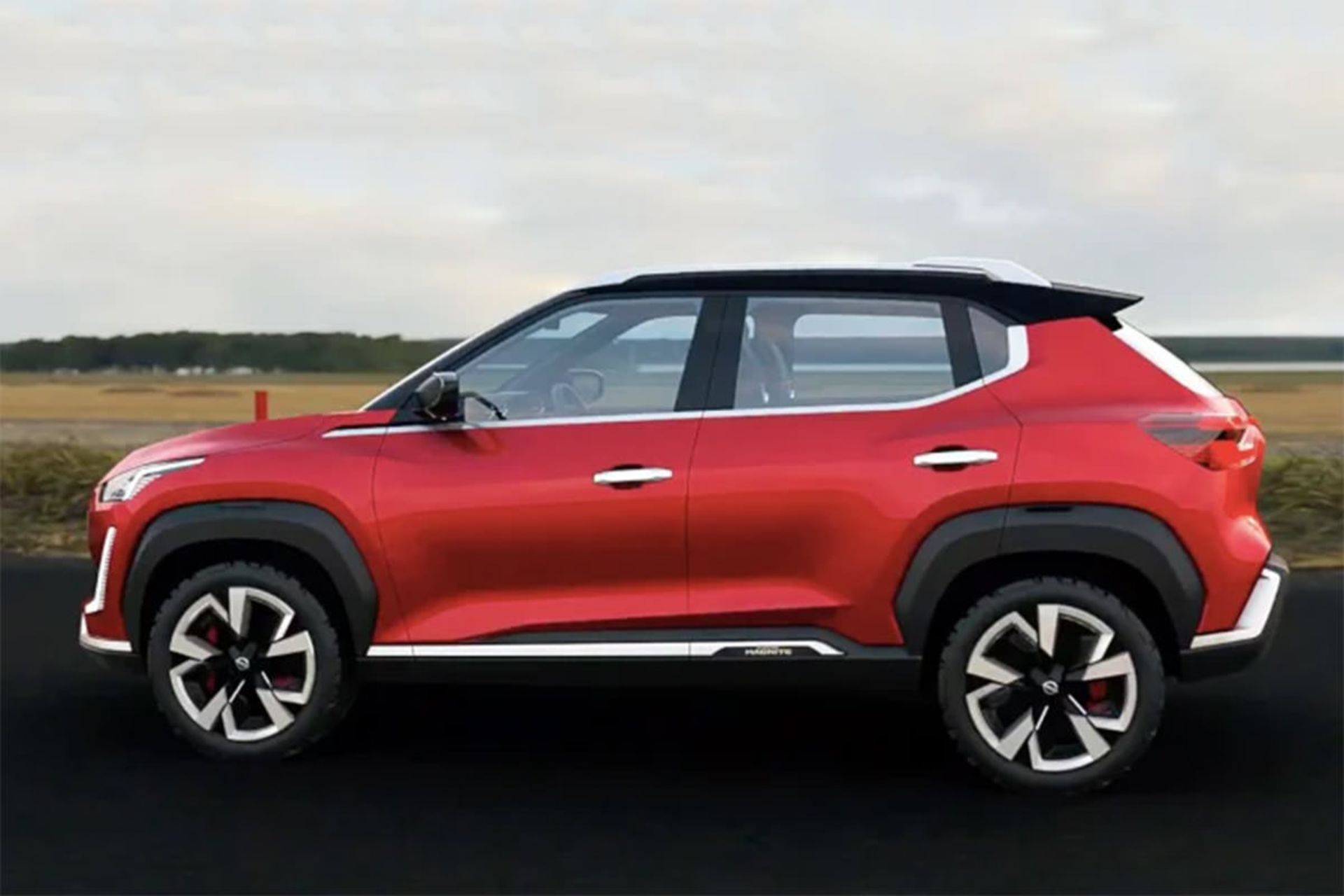 نمای جانبی خودرو شاسی بلند مفهومی نیسان مگنایت / Nissan Magnite قرمز رنگ برای بازار هند