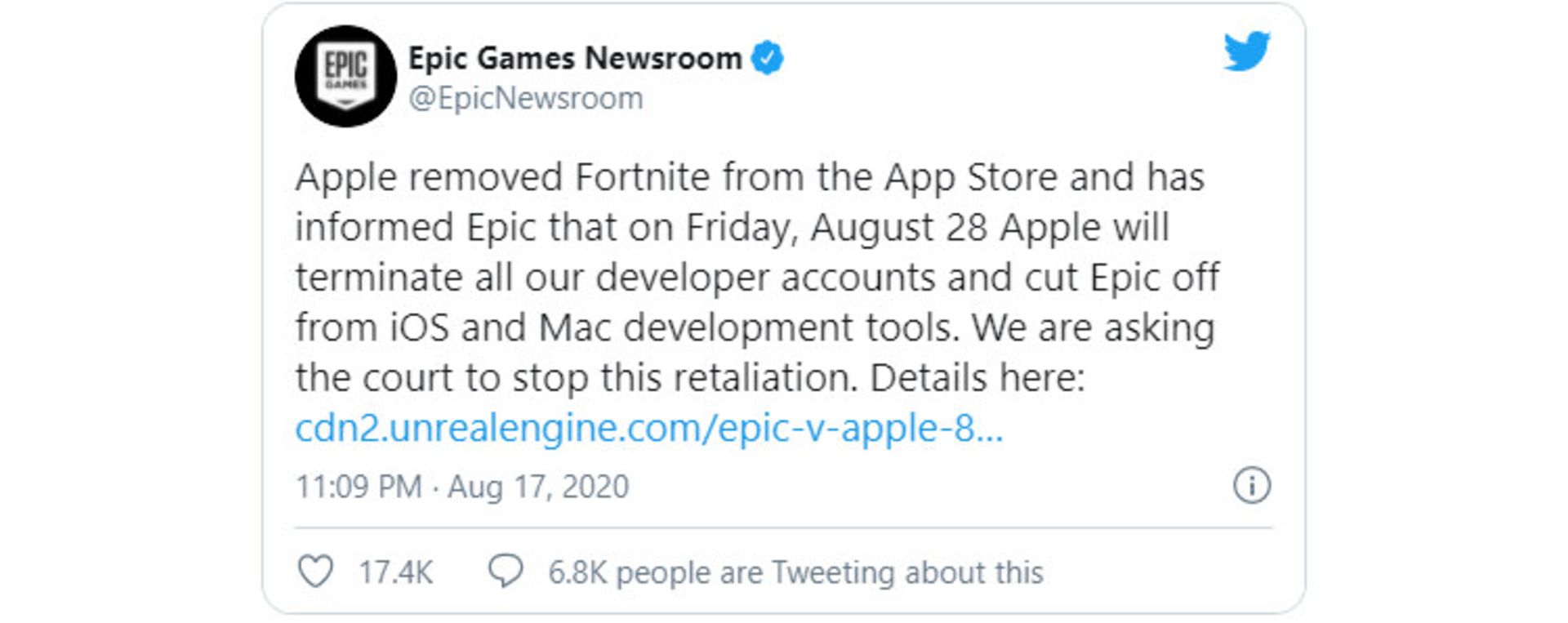 توییت اپیک گیمز در مورد اپل