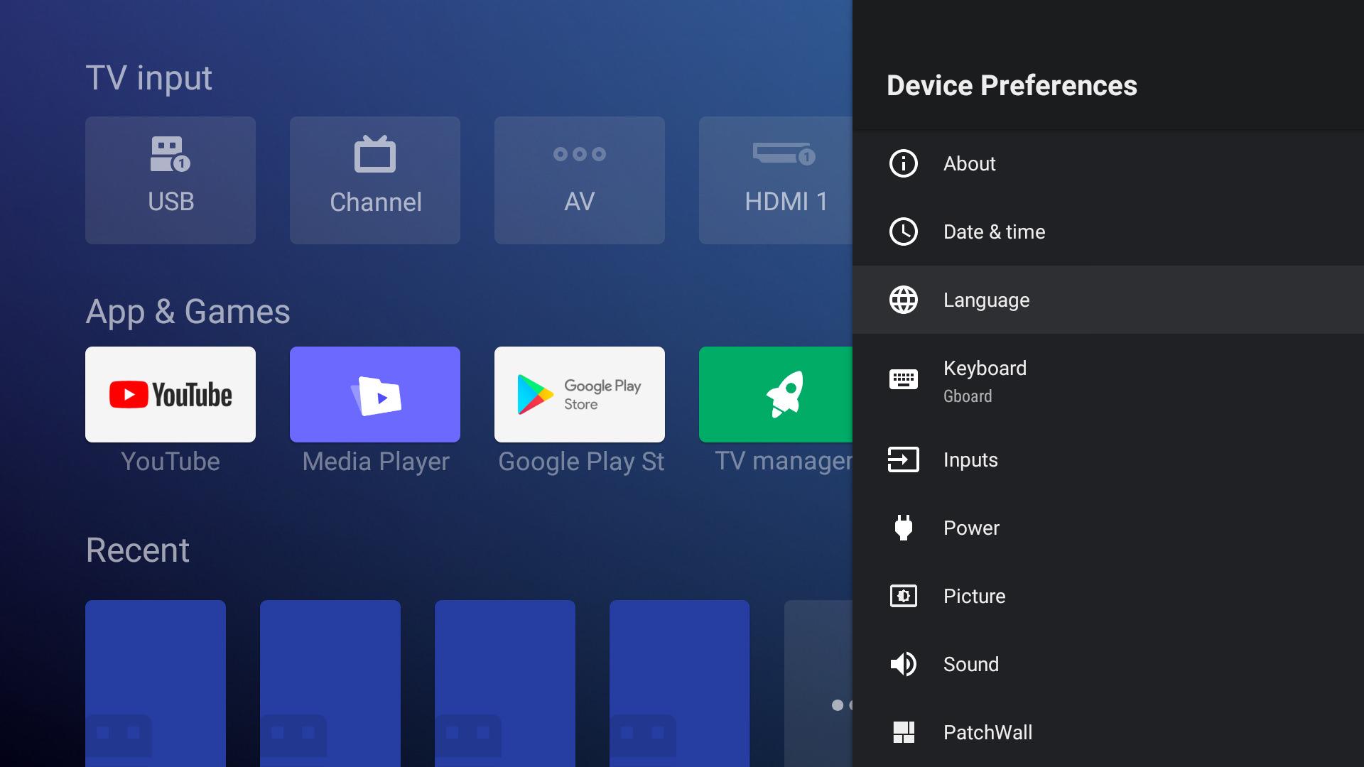 نمای کلی صفحه تنظیمات اصلی و دسته‌ بندی های آن در تلویزیون Mi TV 4S شیائومی