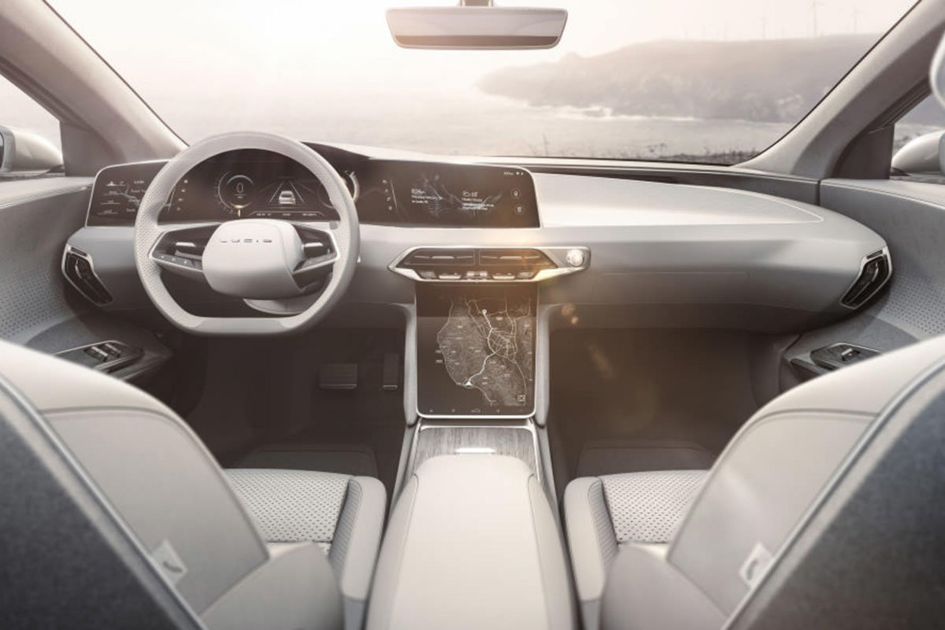 نمای داخل کابین و داشبورد و فرمان خودروی الکتریکی و سدان لوکس لوسید ایر / Lucid Air electric luxury sedan