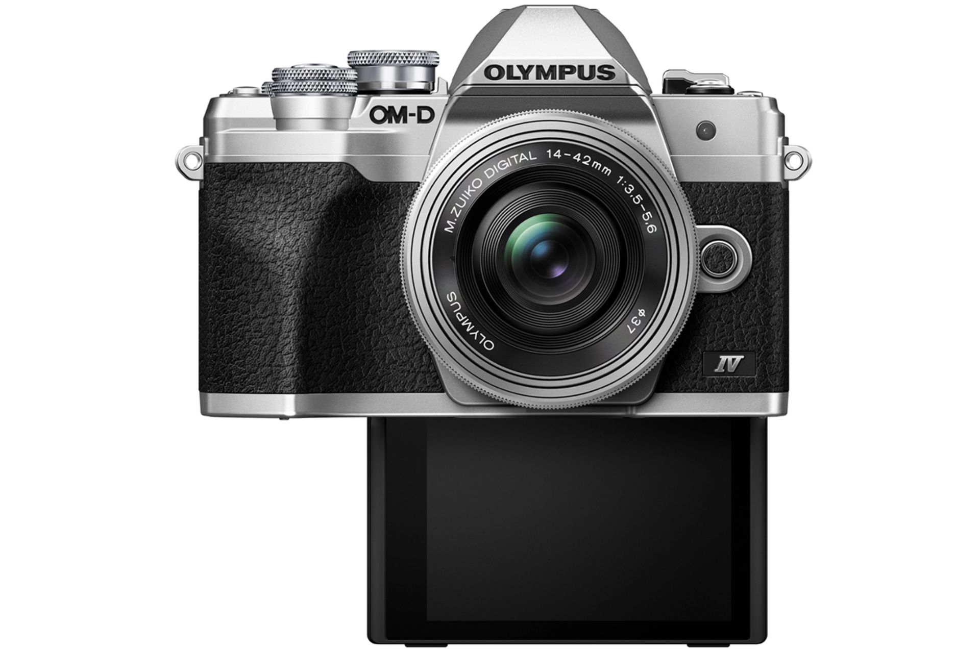 نمای جلو دوربین OM-D E-M10 Mark IV نمایشگر LCD چرخانده شده به پایین