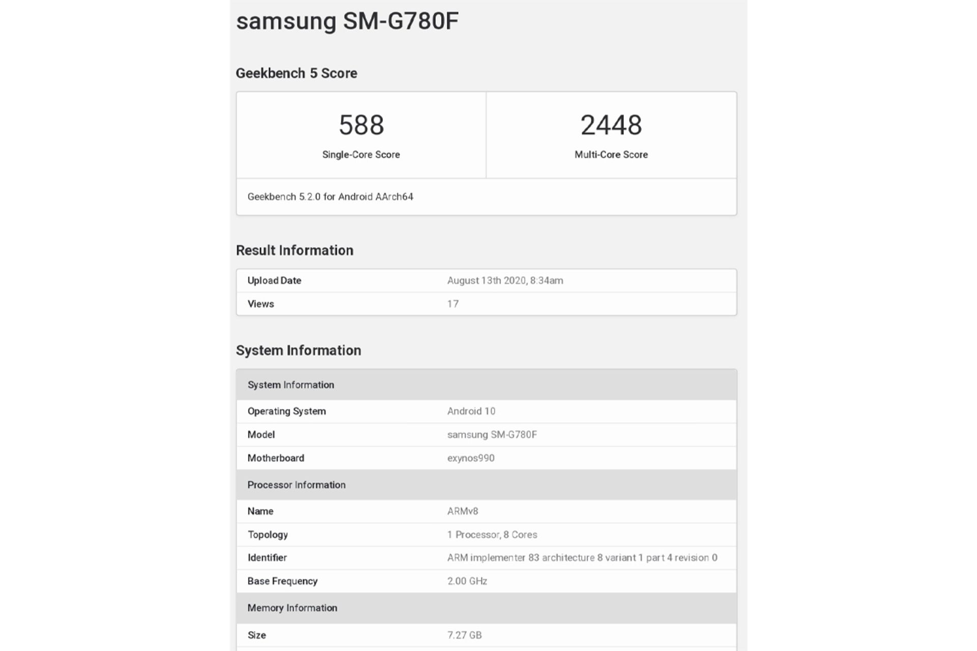 امتیاز گیک بنچ گلکسی اس 20 فن ادیشن / Galaxy S20 Fan Edition