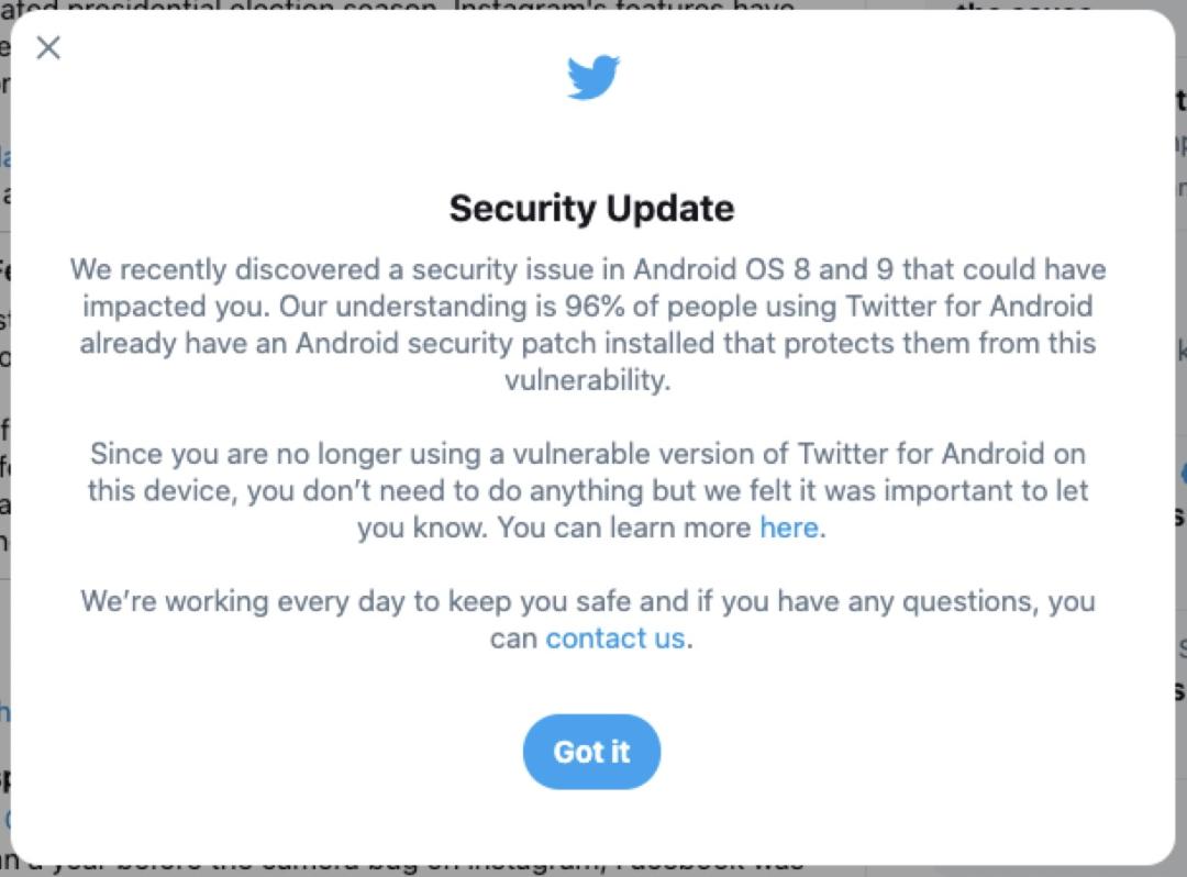 نوتیفیکیشن توییتر / Twitter برای اطلاع رسانی درباره باگ نسخه اندروید