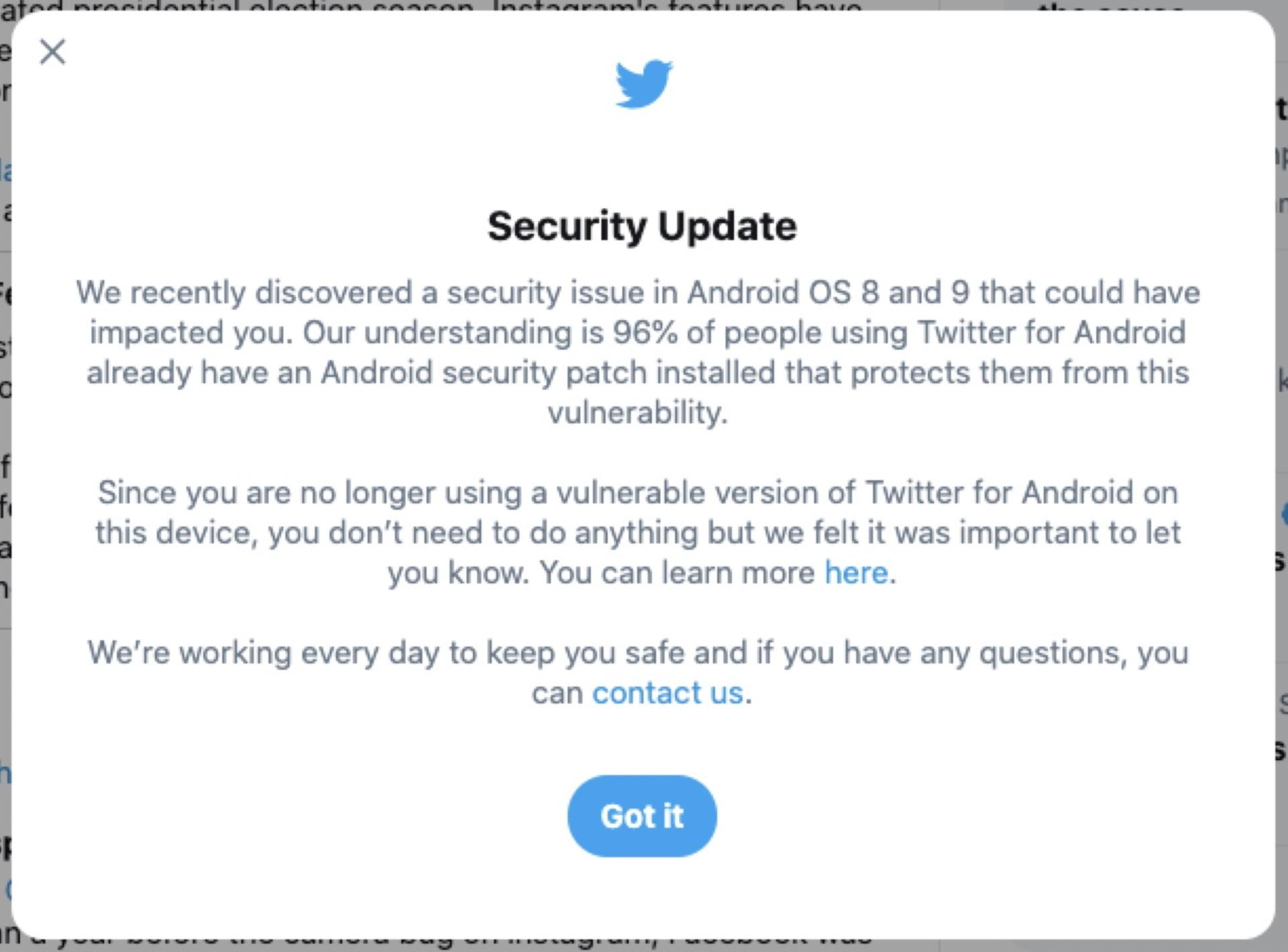 نوتیفیکیشن توییتر / Twitter برای اطلاع رسانی درباره باگ نسخه اندروید