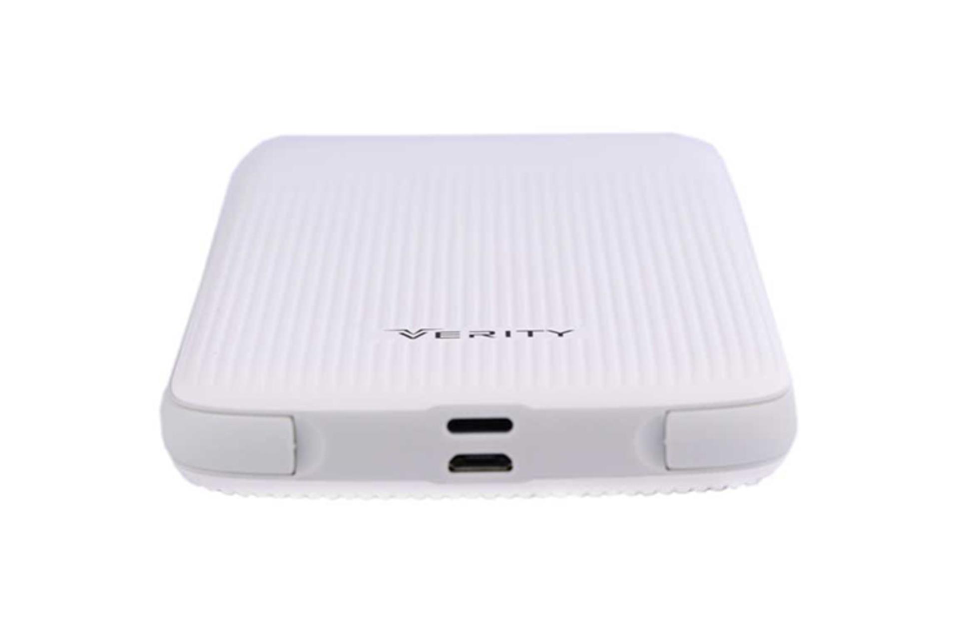 نمای خوابیده پاور بانک Verity V-PU95 10000mAh و نمای درگاه‌ها