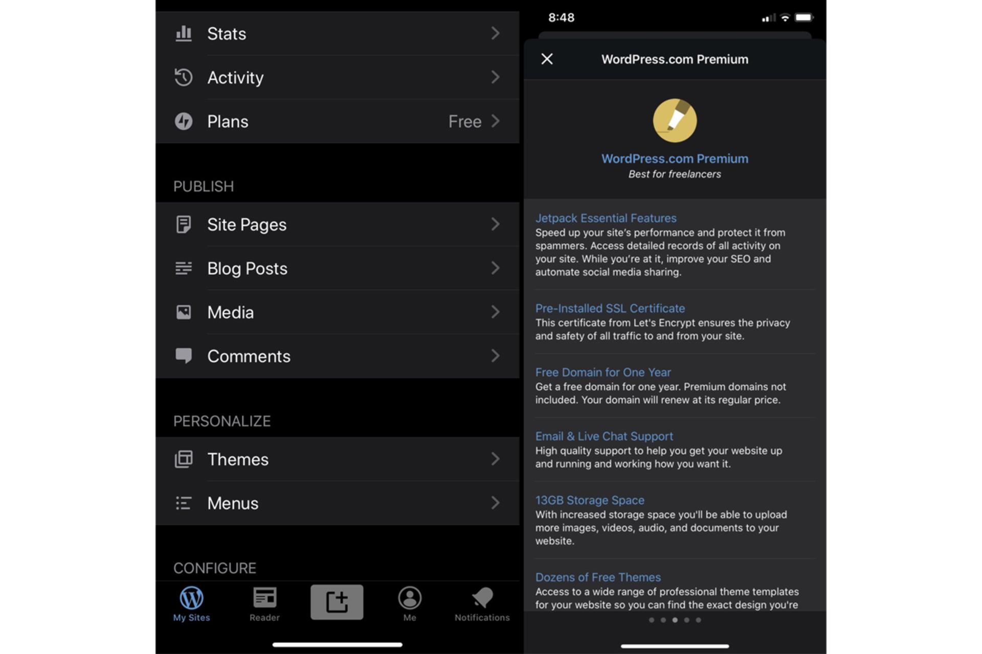 تب Plans در نسخه قدیمی اپلیکیشن آی او اس وردپرس / WordPress iOS