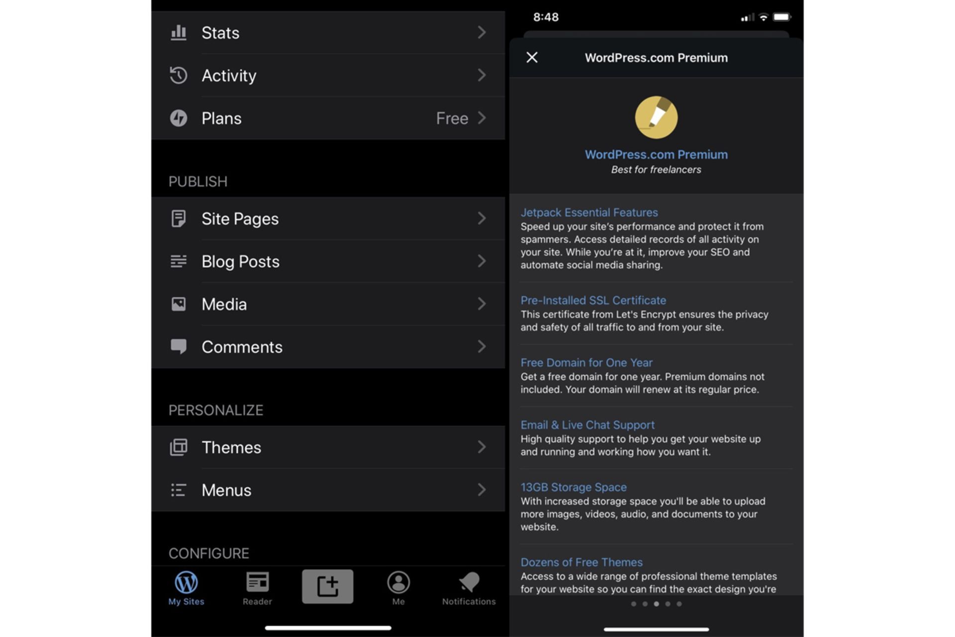 تب Plans در نسخه قدیمی اپلیکیشن آی او اس وردپرس / WordPress iOS