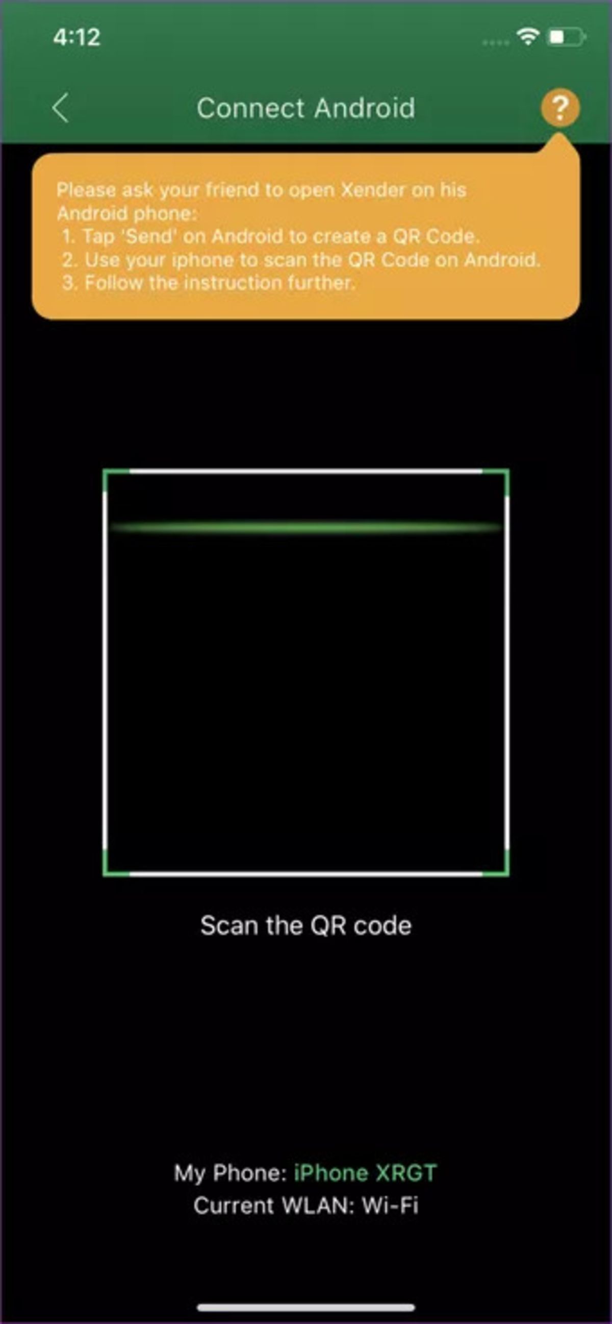 QR code scanning page on xender