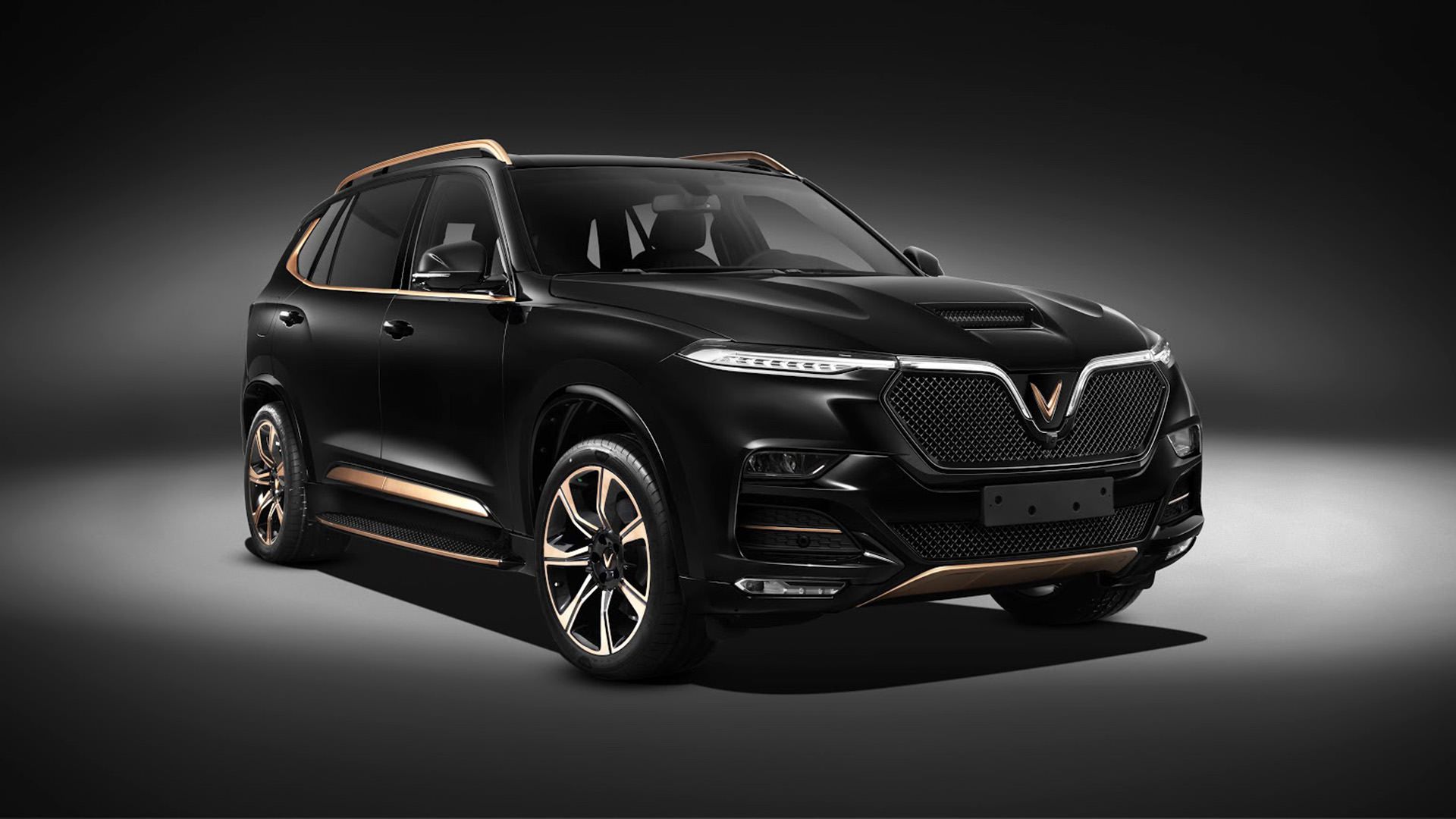 نمای سه چهارم چپ شاسی بلند لوکس وین فست پرزیدنت / VinFast President Luxury SUV با رنگ مشکی