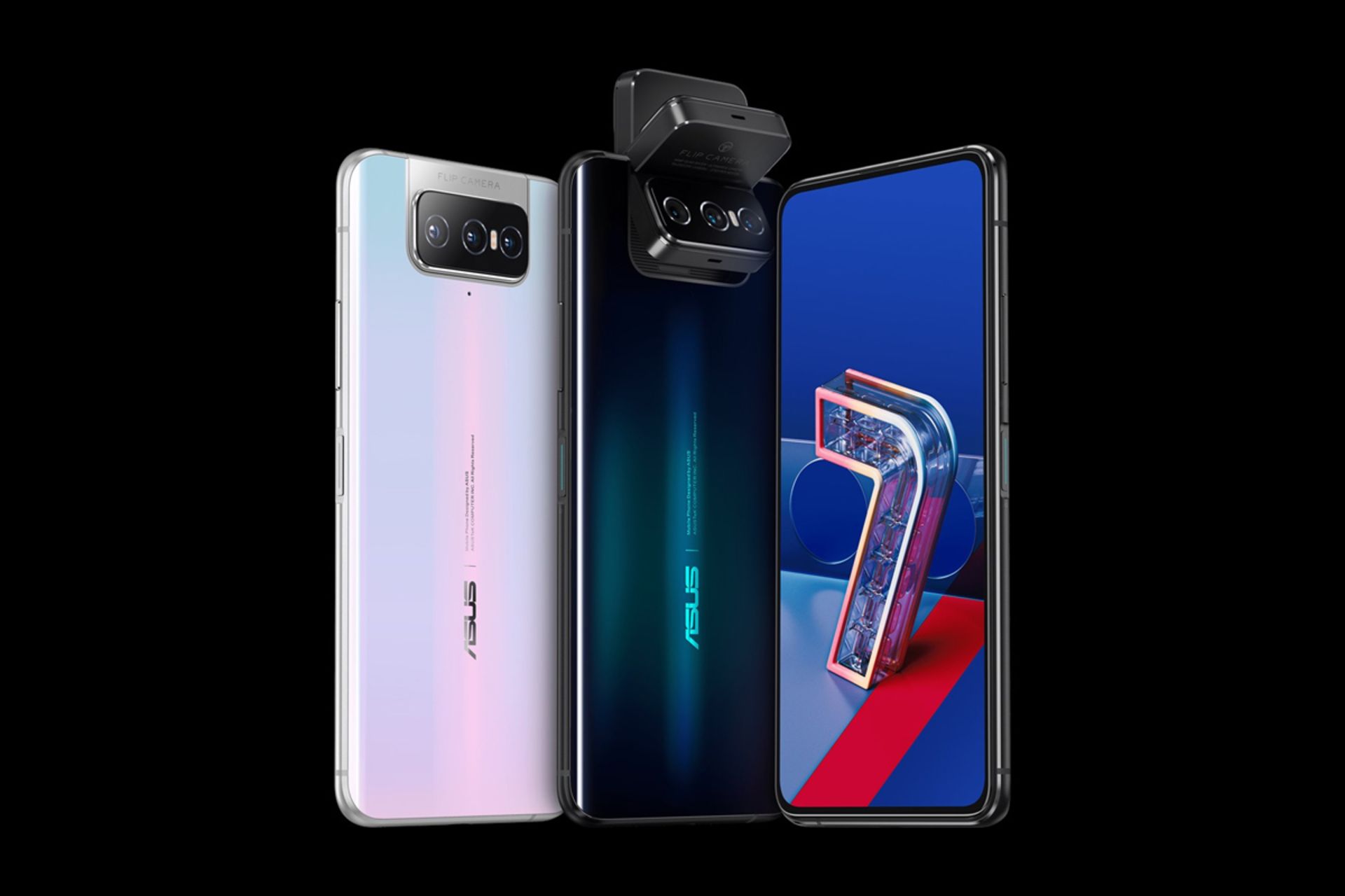 ایسوس ذن فون 7 پرو / Asus ZenFone 7 Pro از نمای سه رخ جلو و پشت در دو رنگ