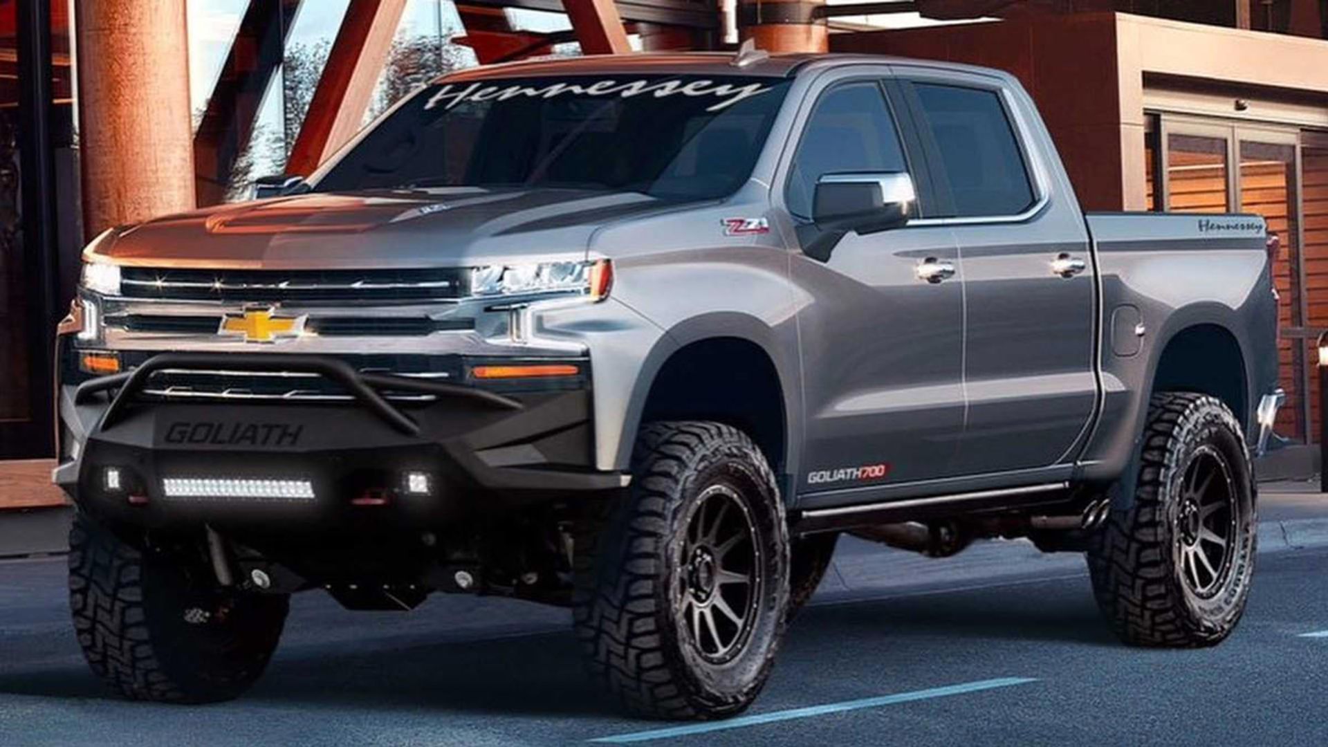 نمای جلو وانت هنسی سیلورادو گولیات / Hennessey Silverado Goliath خاکستری رنگ