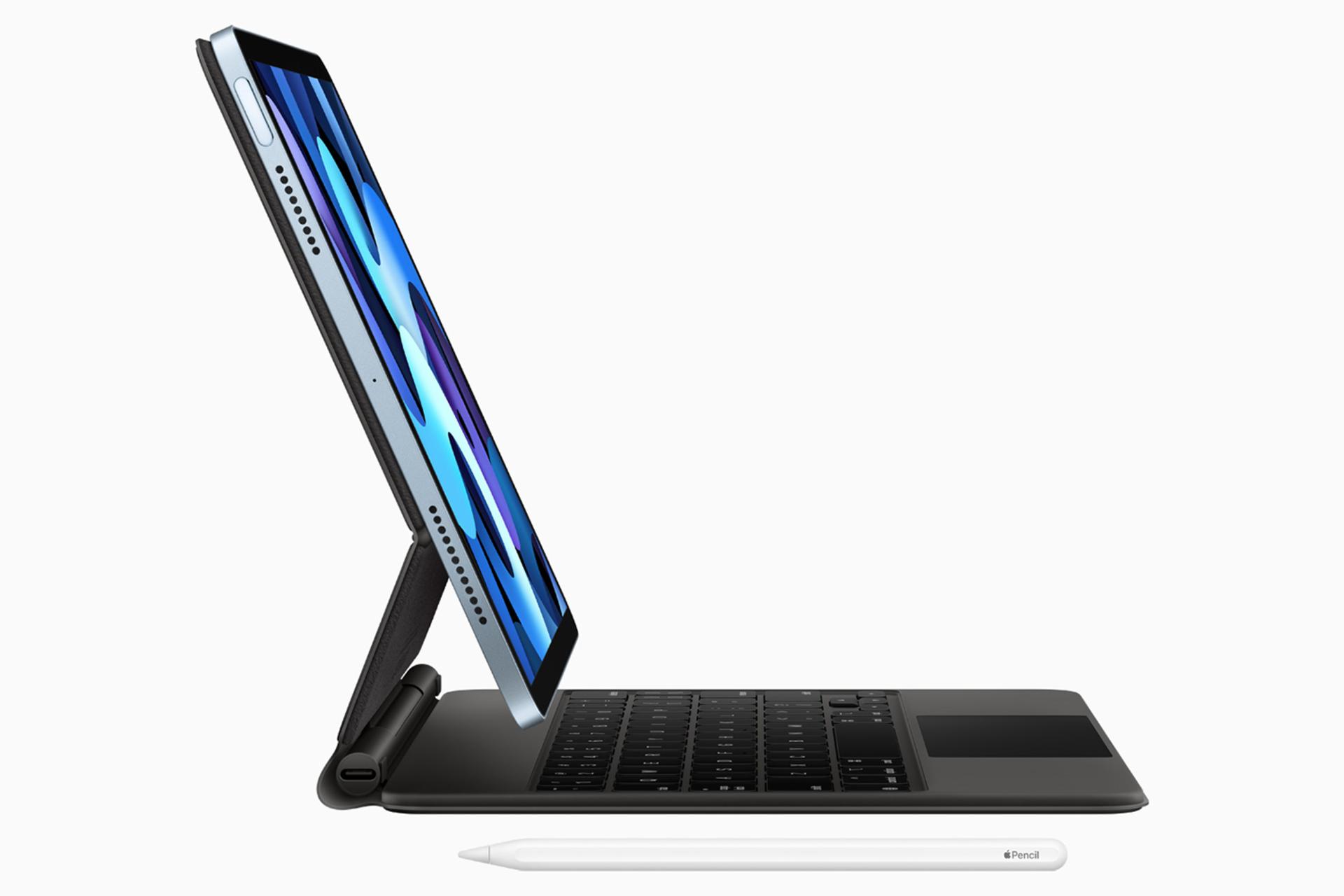 آیپد ایر 2020 / iPad Air از نیم رخ با کیبورد و قلم اپل پنسل