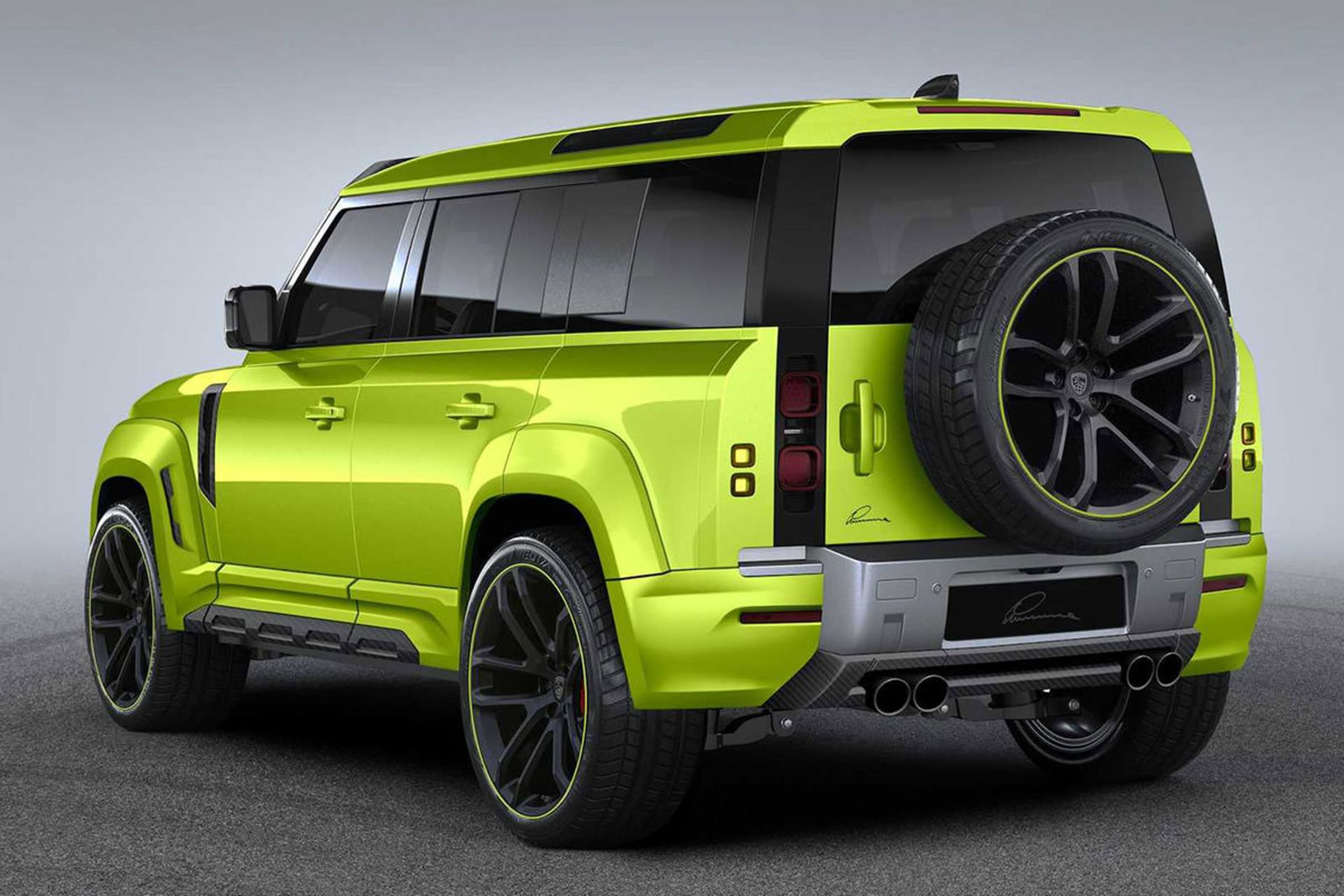 مرجع متخصصين ايران نماي عقب شاسي بلند لندرور ديفندر / Land Rover Defender با تيونينگ لوما ديزاين و رنگ سبز فسفري