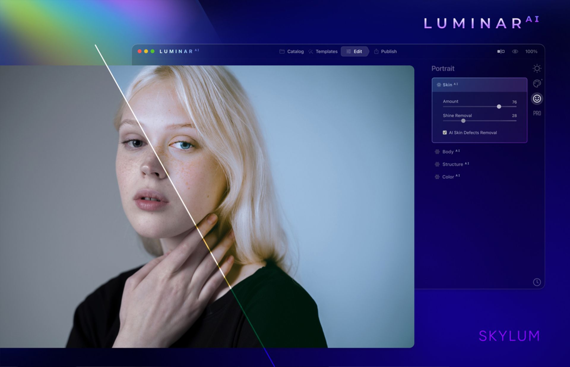 یک دختر با موی بلوند در ویرایشگر عکس Skylum Luminar AI